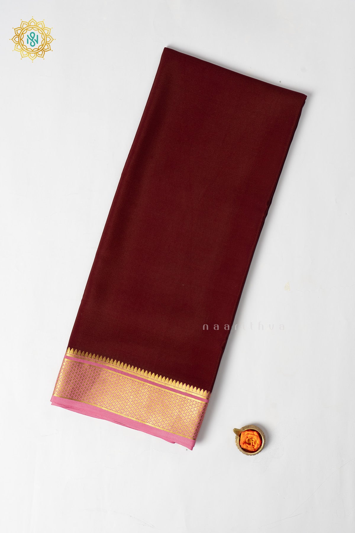 Brown with Pink Pure Mysore Crepe Silk Saree with Plain Body and Contrast Zari Woven Border