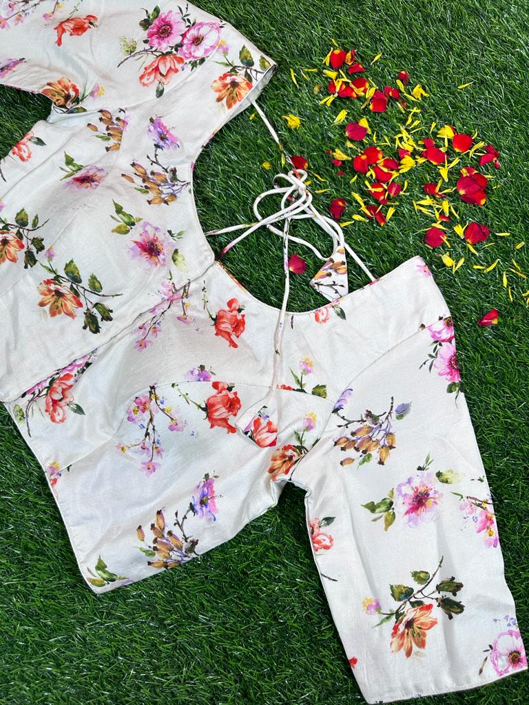WHITE - READYMADE FLORAL PRINTS IN DOLA SILK