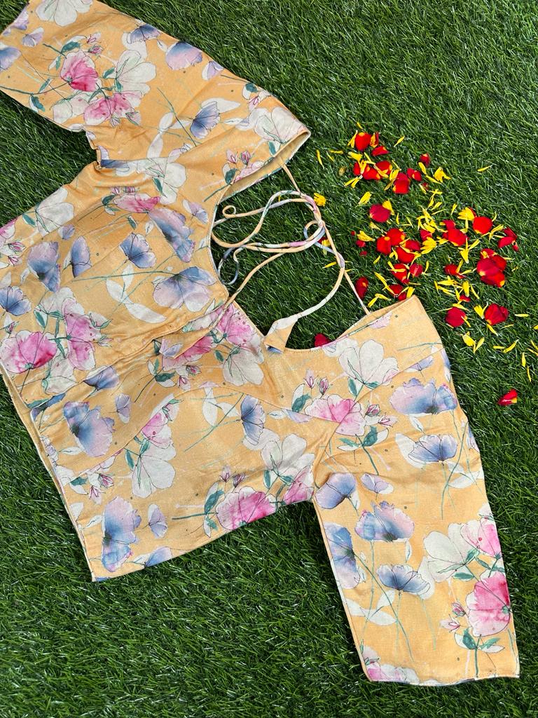 LIGHT YELLOW - READYMADE FLORAL PRINTS IN DOLA SILK
