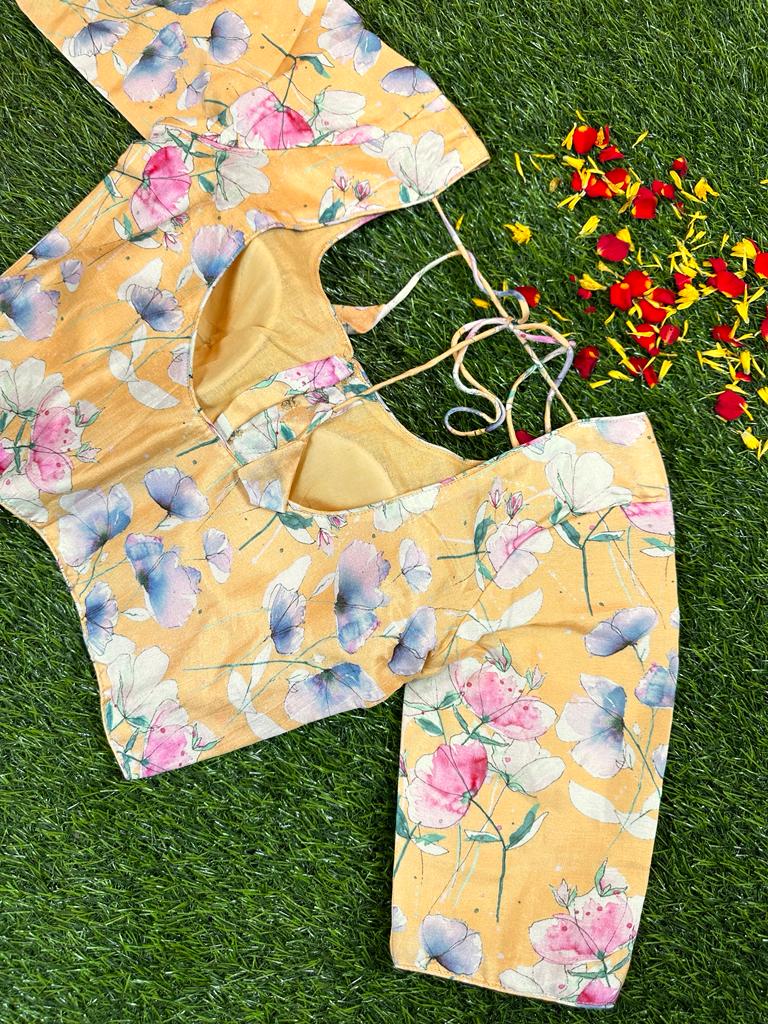 LIGHT YELLOW - READYMADE FLORAL PRINTS IN DOLA SILK