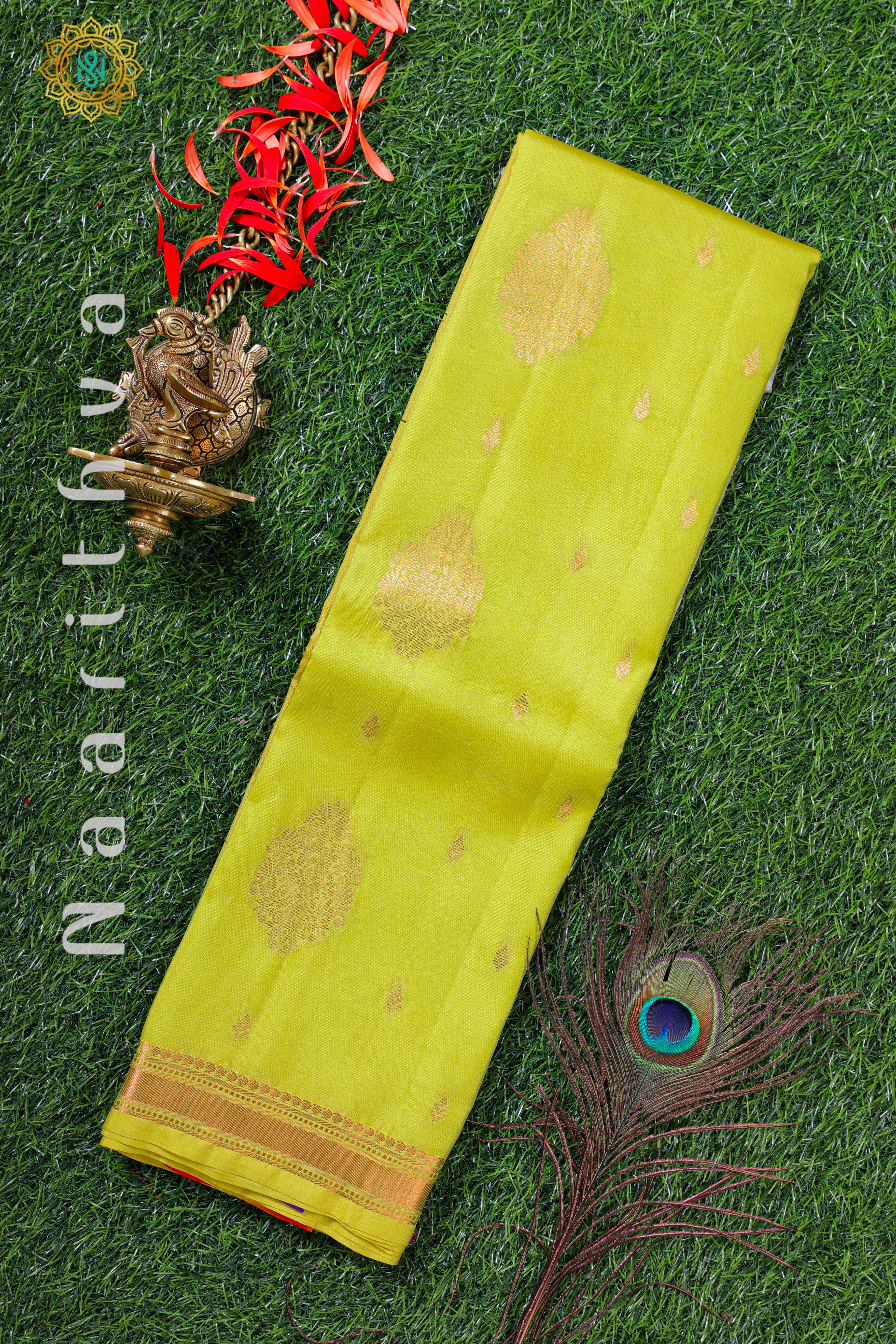 LEMON YELLOW WITH ORANGISH RED - KANJIVARAM SILK WITH ZARI WOVEN CONTRAST PALLU