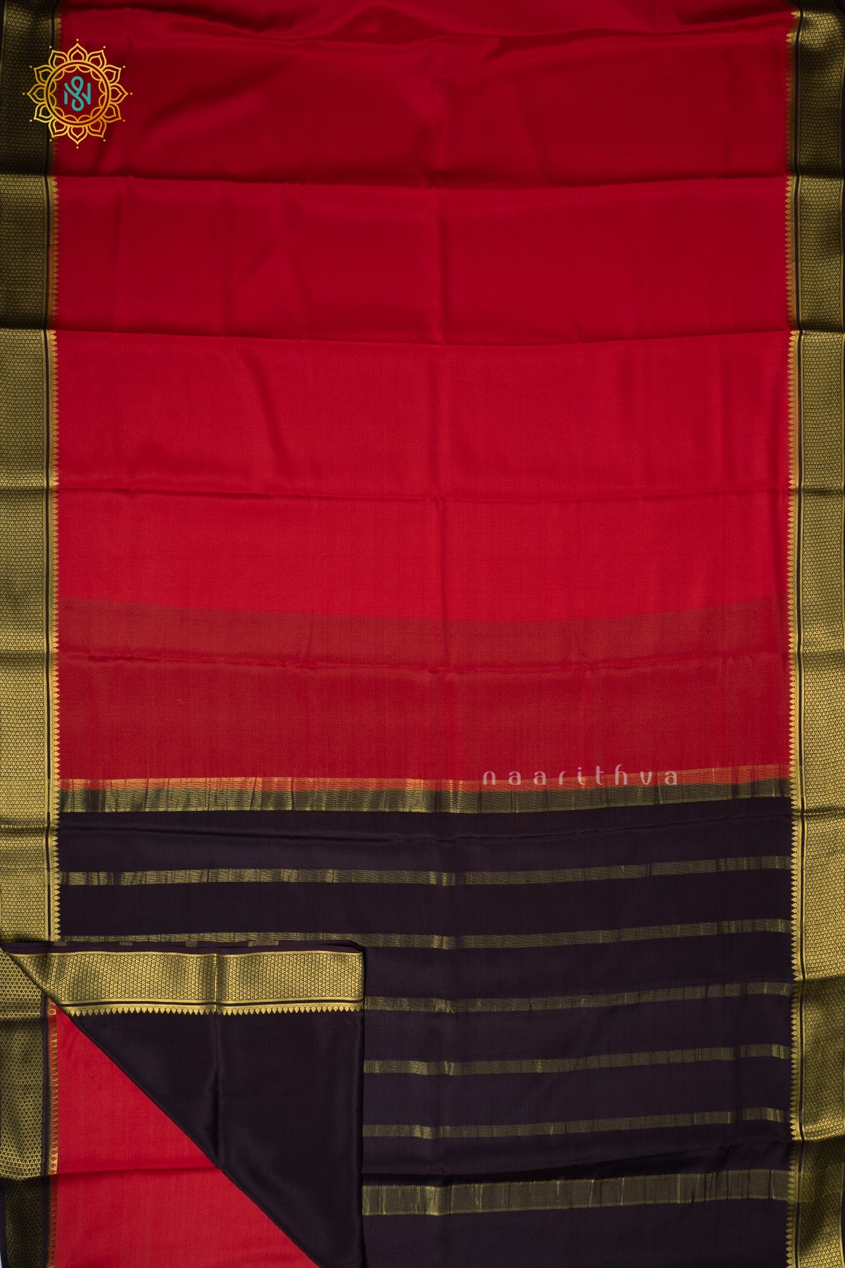 Red with Brown Pure Mysore Crepe Silk Saree with Plain Body and Contrast Zari Woven Border