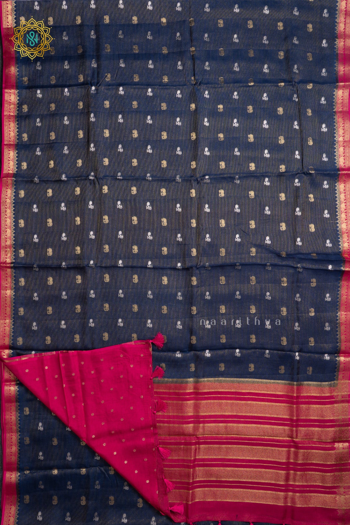 Blue With Pink Semi Crepe Silk Saree With Zari Buttas On The Body With Contrast Zari Border & Pallu