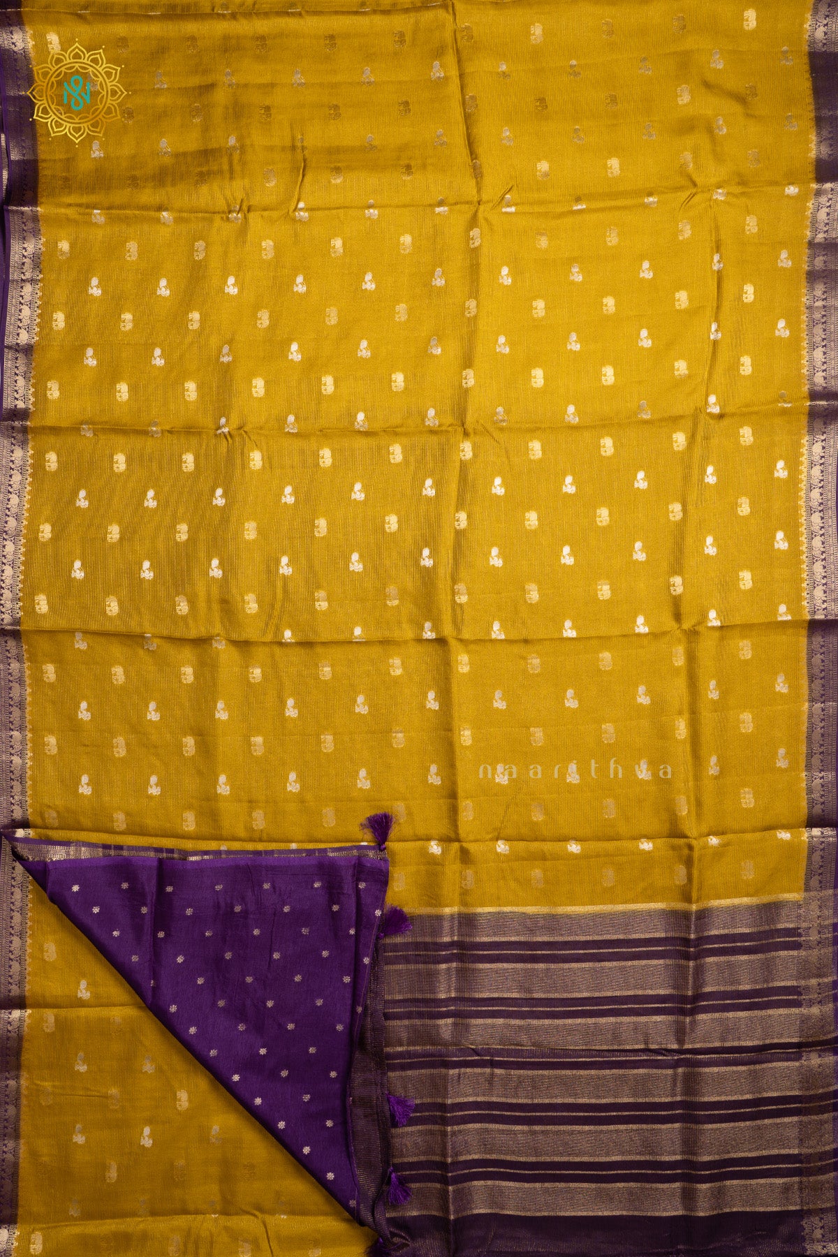 Lemon Yellow With Purple Semi Crepe Silk Saree With Zari Buttas On The Body With Contrast Zari Border & Pallu