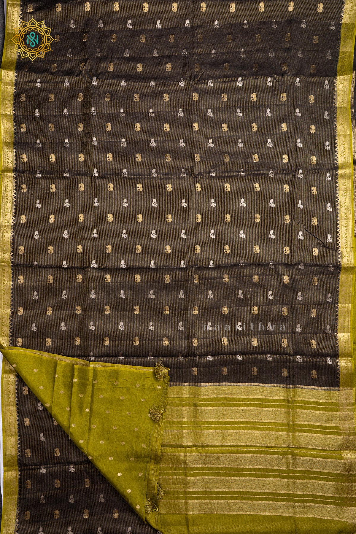 Black With Lime Green Semi Crepe Silk Saree With Zari Buttas On The Body With Contrast Zari Border & Pallu
