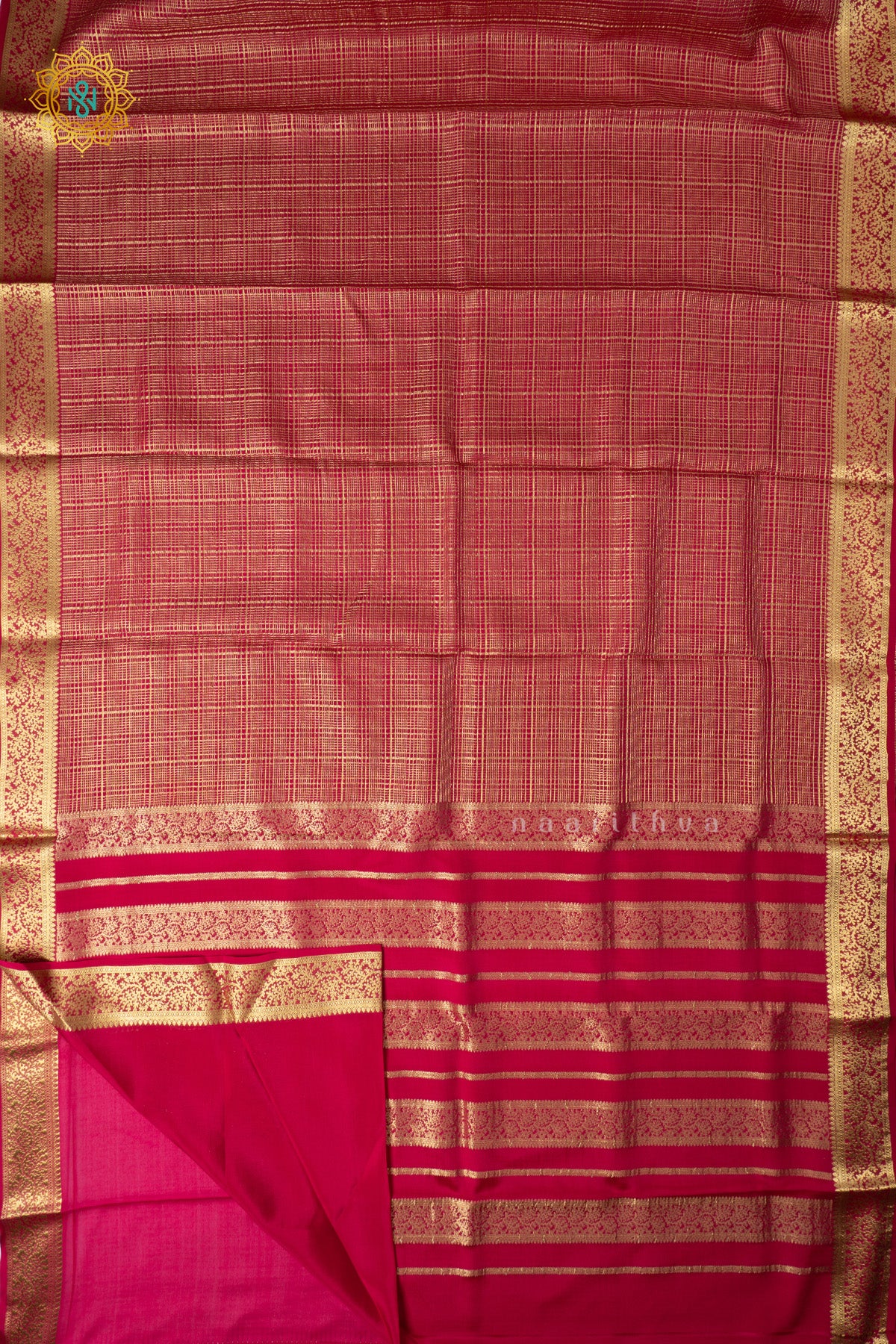 Pink Pure Mysore Crepe Silk Saree with Checks Body & Zari Border