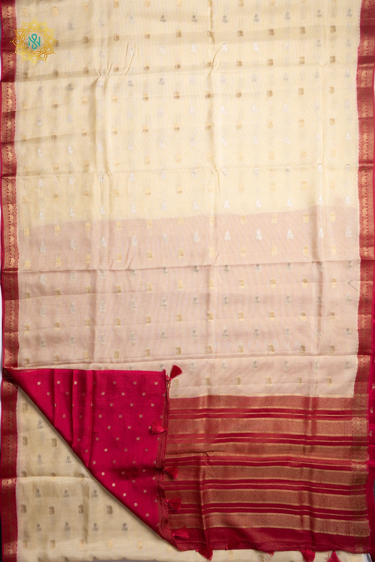 White With Pink Semi Crepe Silk Saree With Zari Buttas On The Body With Contrast Zari Border & Pallu