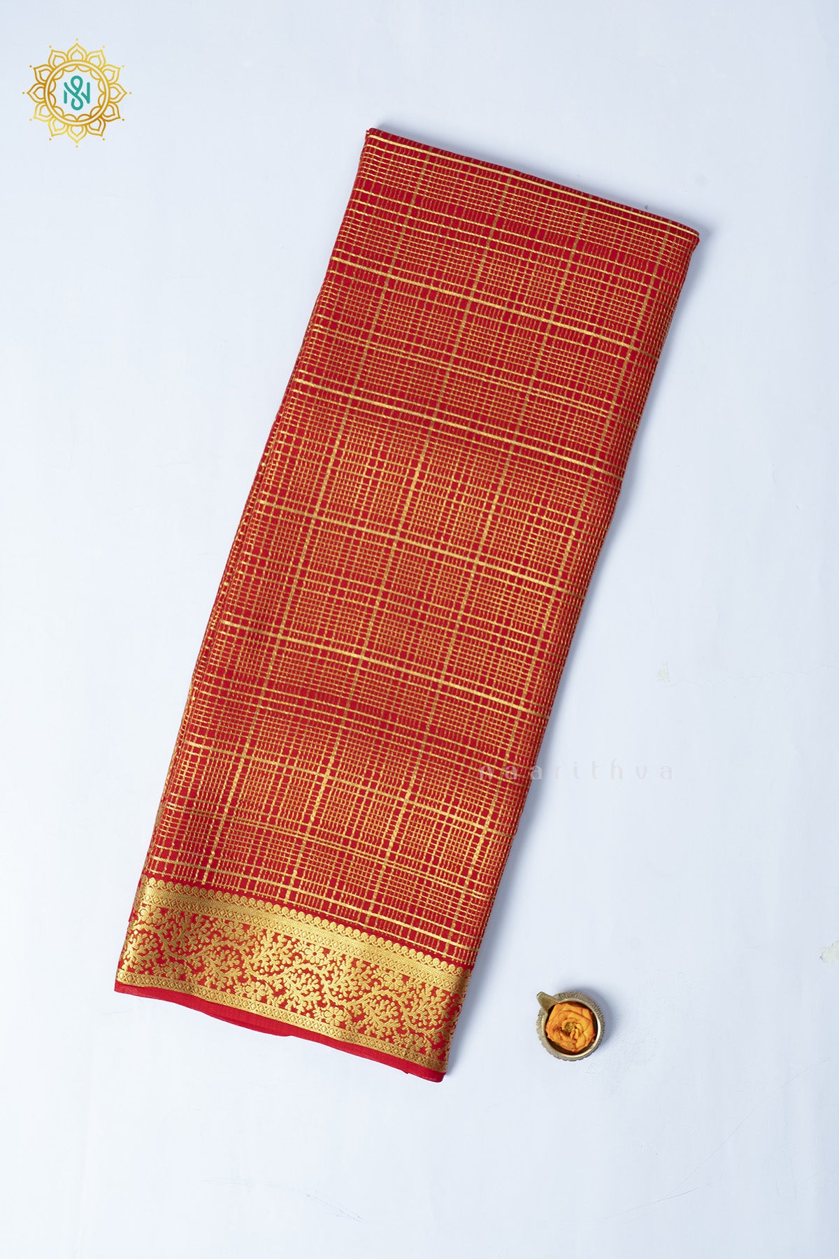 Red Pure Mysore Crepe Silk Saree with Checks Body & Zari Border