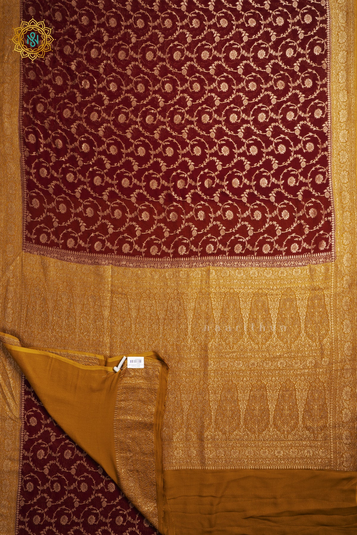 Maroon With Mustard Pure Banarasi Khaddi Georgette Allover Antique Zari Brocade Weaves On The Body With Contrast Zari Border & Pallu