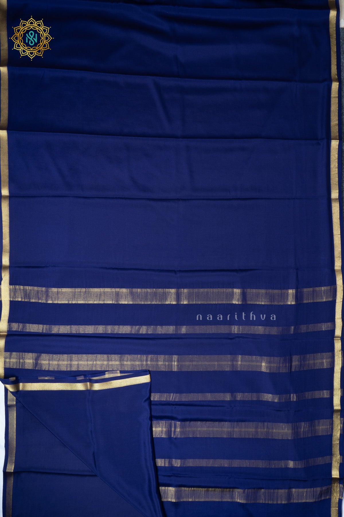 Dark Blue Pure Mysore Crepe Silk Plain Body and Zari Woven Butta Border