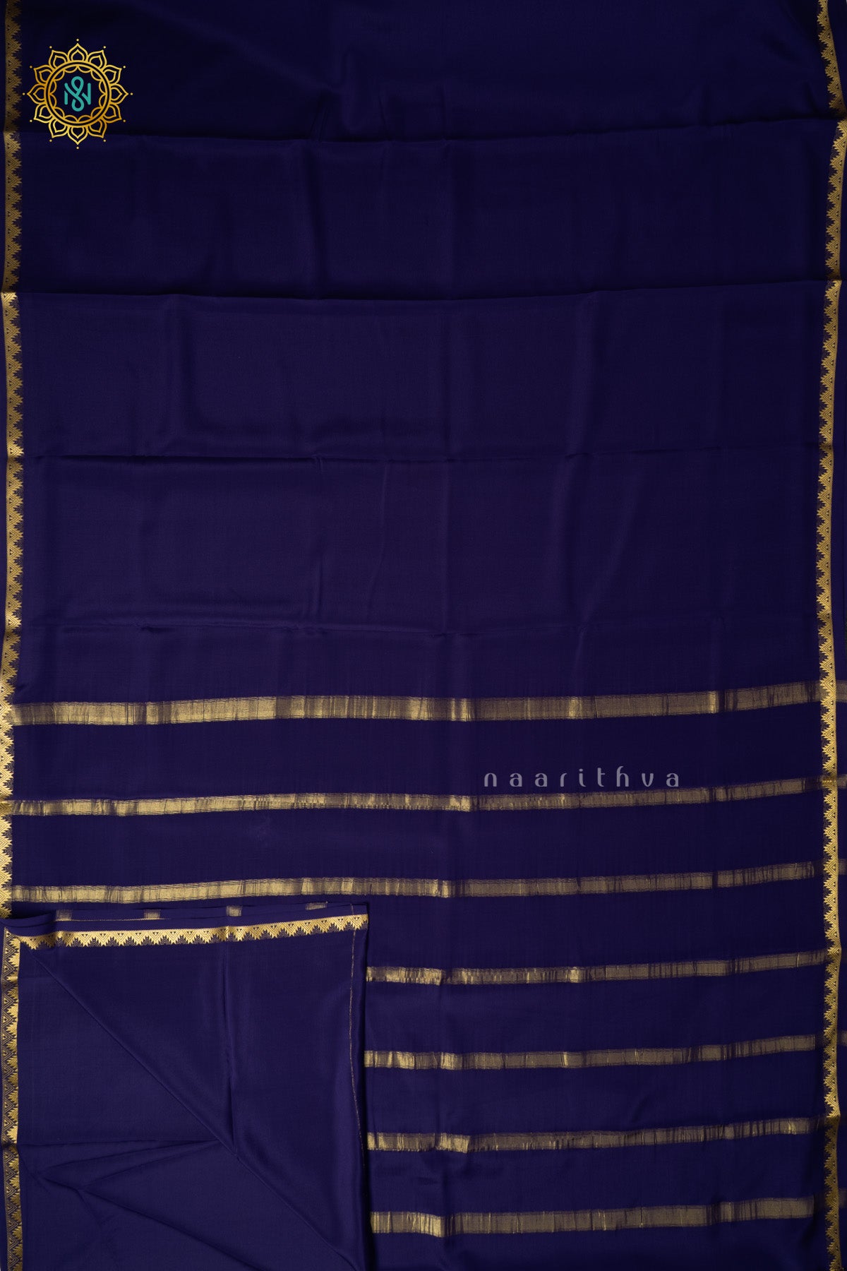 Navy Blue Pure Mysore Crepe Silk Plain Body and Zari Woven Butta Border