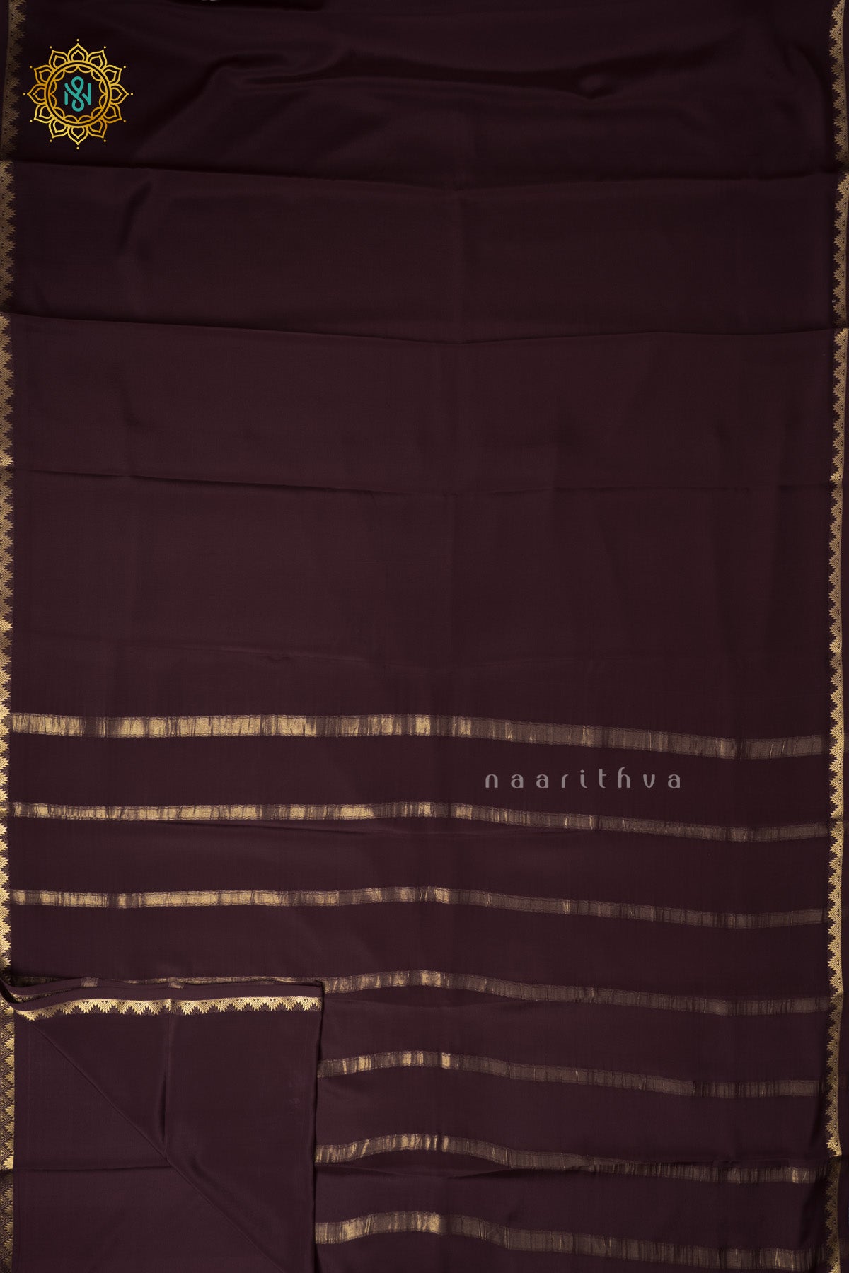 Brown Pure Mysore Crepe Silk Plain Body and Zari Woven Butta Border