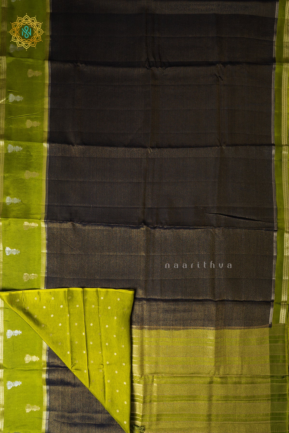 Black With Lime Green Semi Crepe Silk Saree with Tissue Body & Zari Jhumka Buttas on Contrast Border