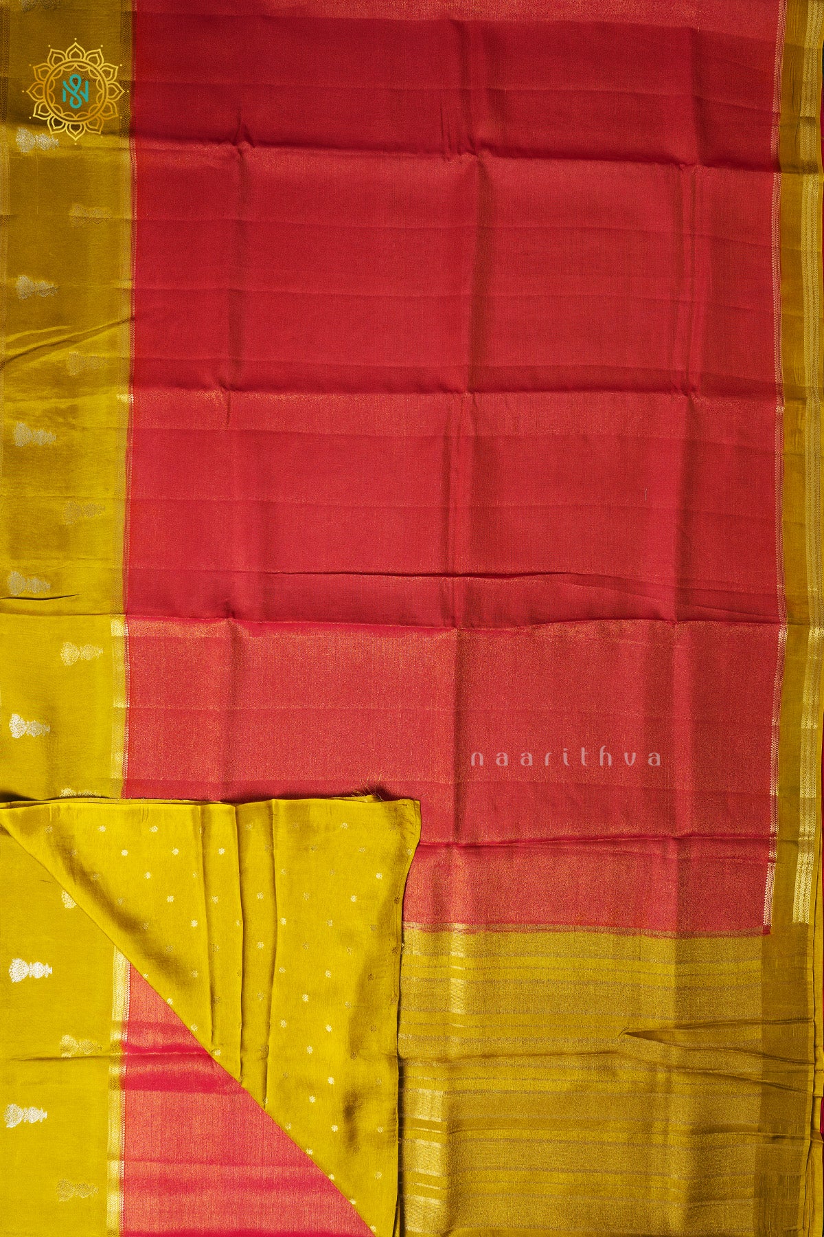 Pink With Lemon Yellow Semi Crepe Silk Saree with Tissue Body & Zari Jhumka Buttas on Contrast Border