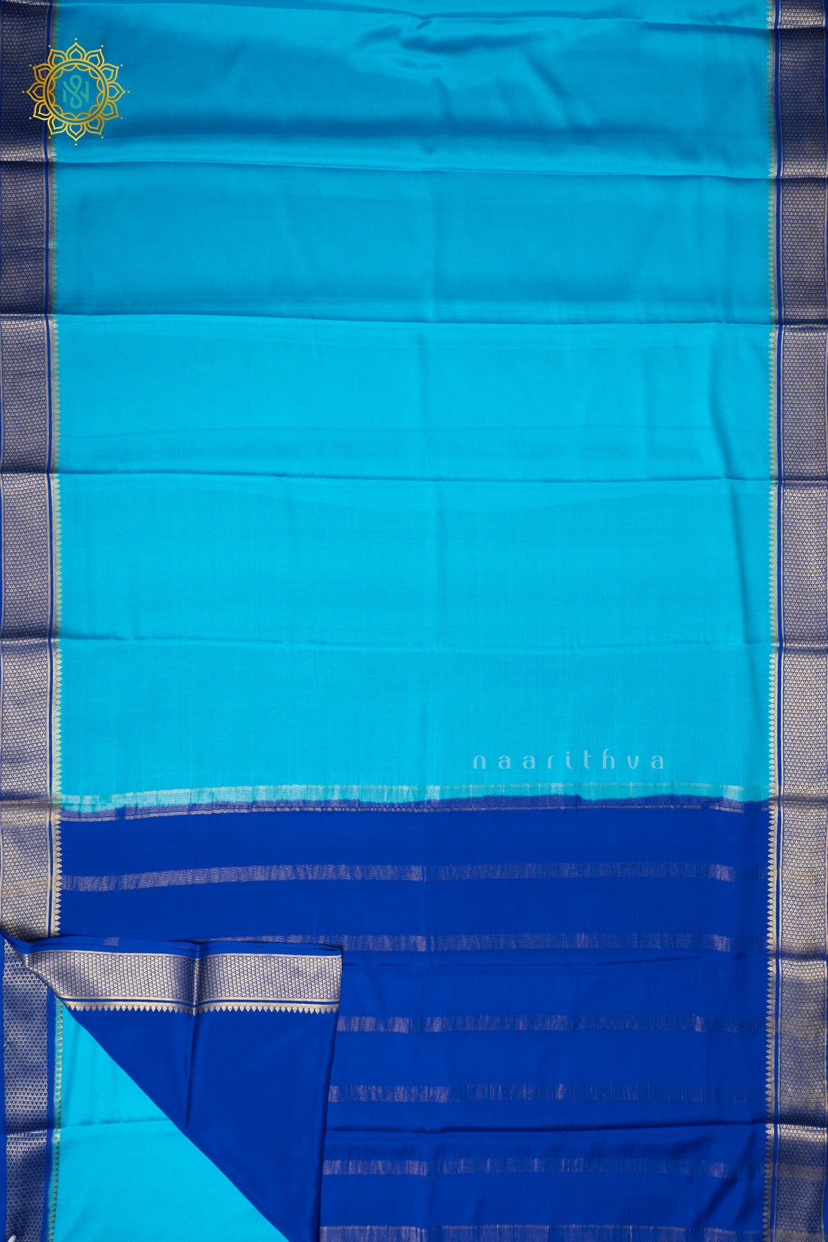 Sky Blue with Royal Blue Pure Mysore Crepe Silk Saree with Plain Body and Contrast Zari Woven Border