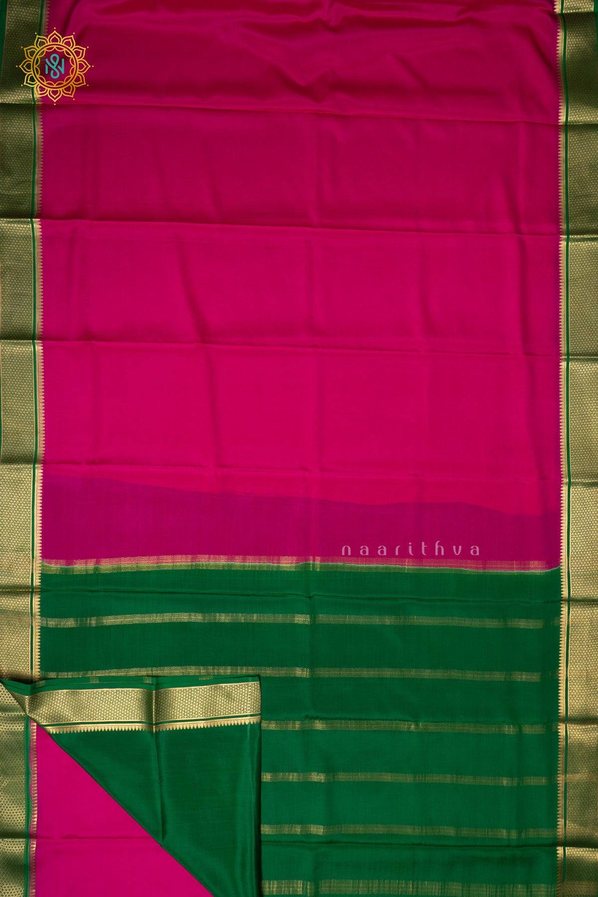 Red with Green Pure Mysore Crepe Silk Saree with Plain Body and Contrast Zari Woven Border