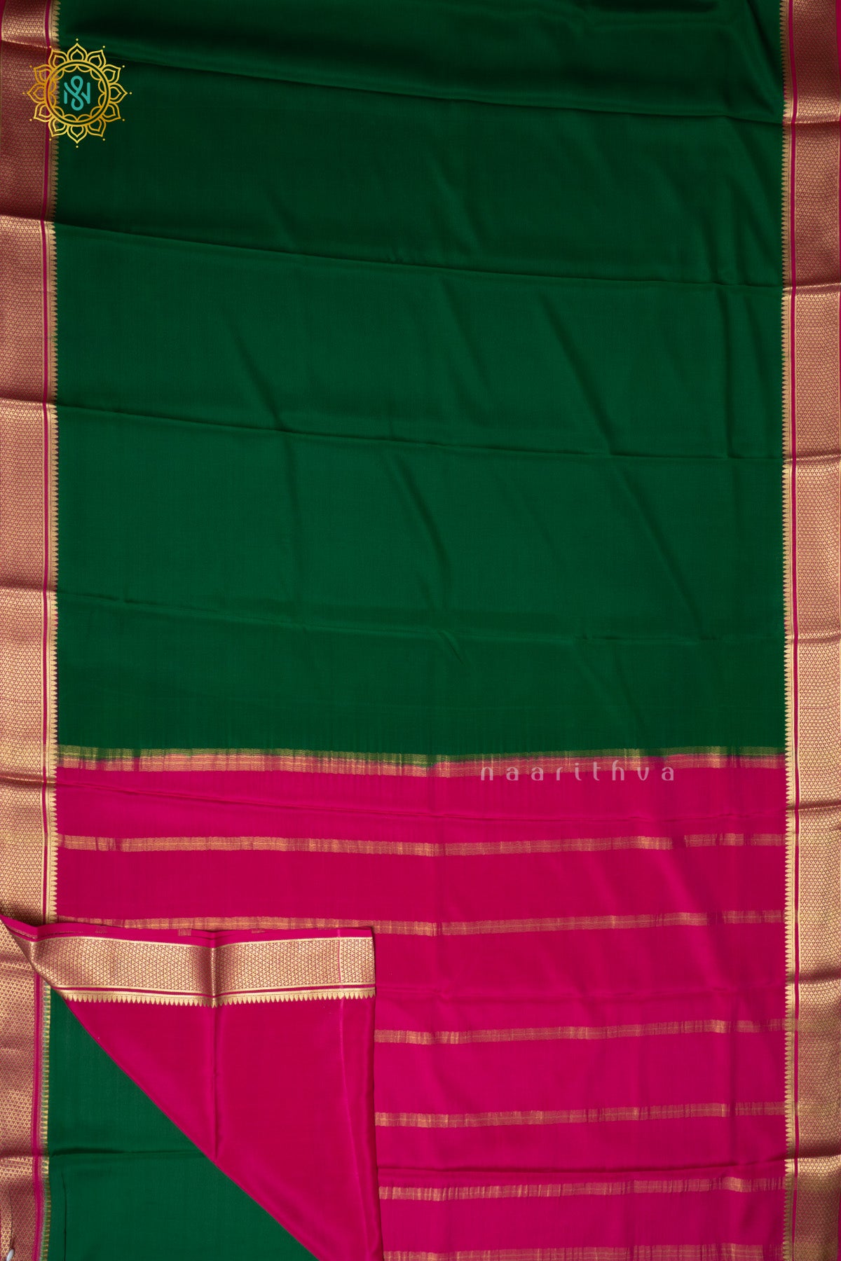 Bottle Green with Pink Pure Mysore Crepe Silk Saree with Plain Body and Contrast Zari Woven Border