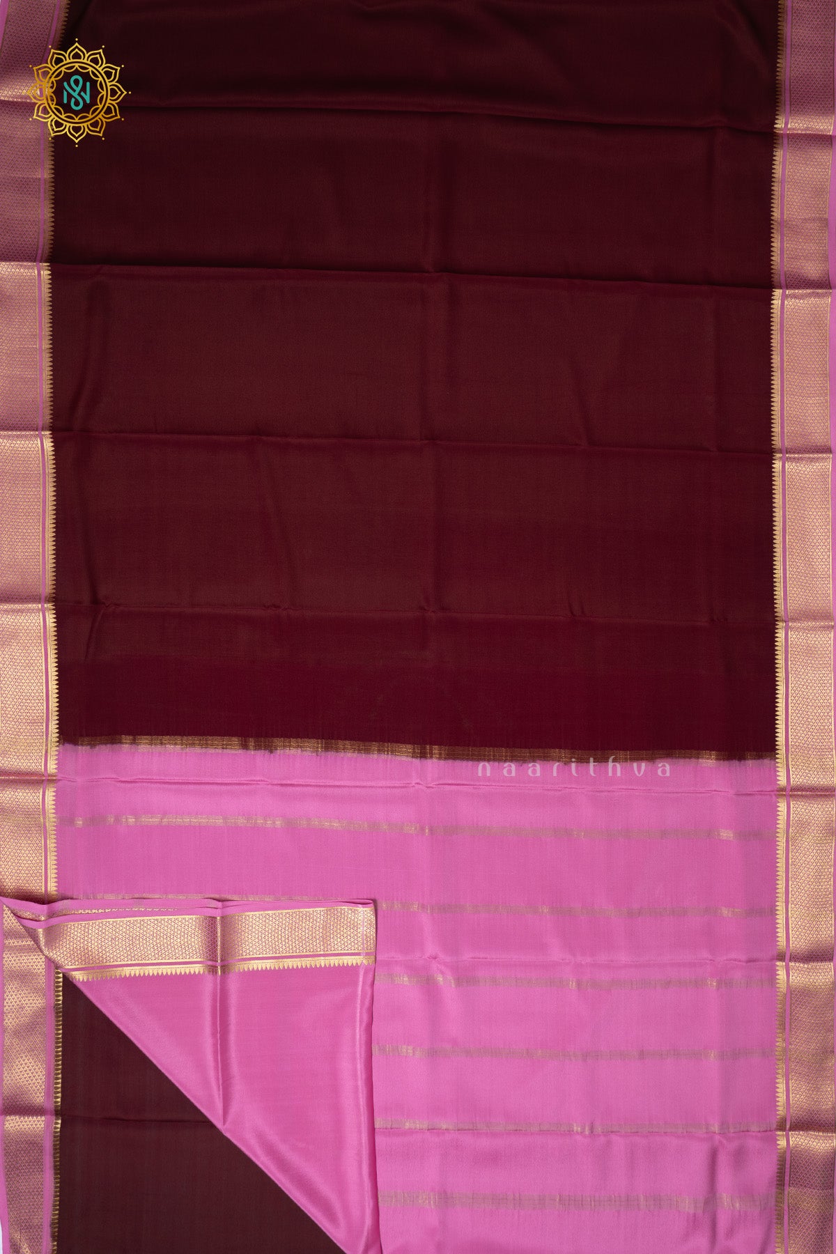 Brown with Pink Pure Mysore Crepe Silk Saree with Plain Body and Contrast Zari Woven Border