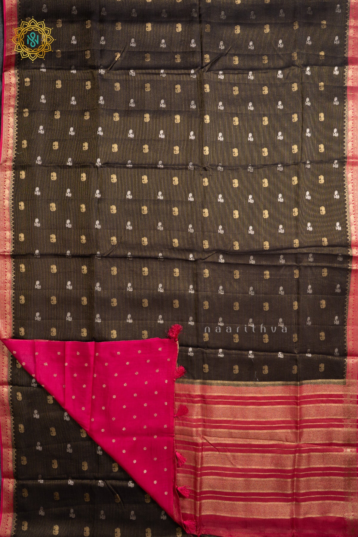 Black With Pink Semi Crepe Silk Saree With Zari Buttas On The Body With Contrast Zari Border & Pallu