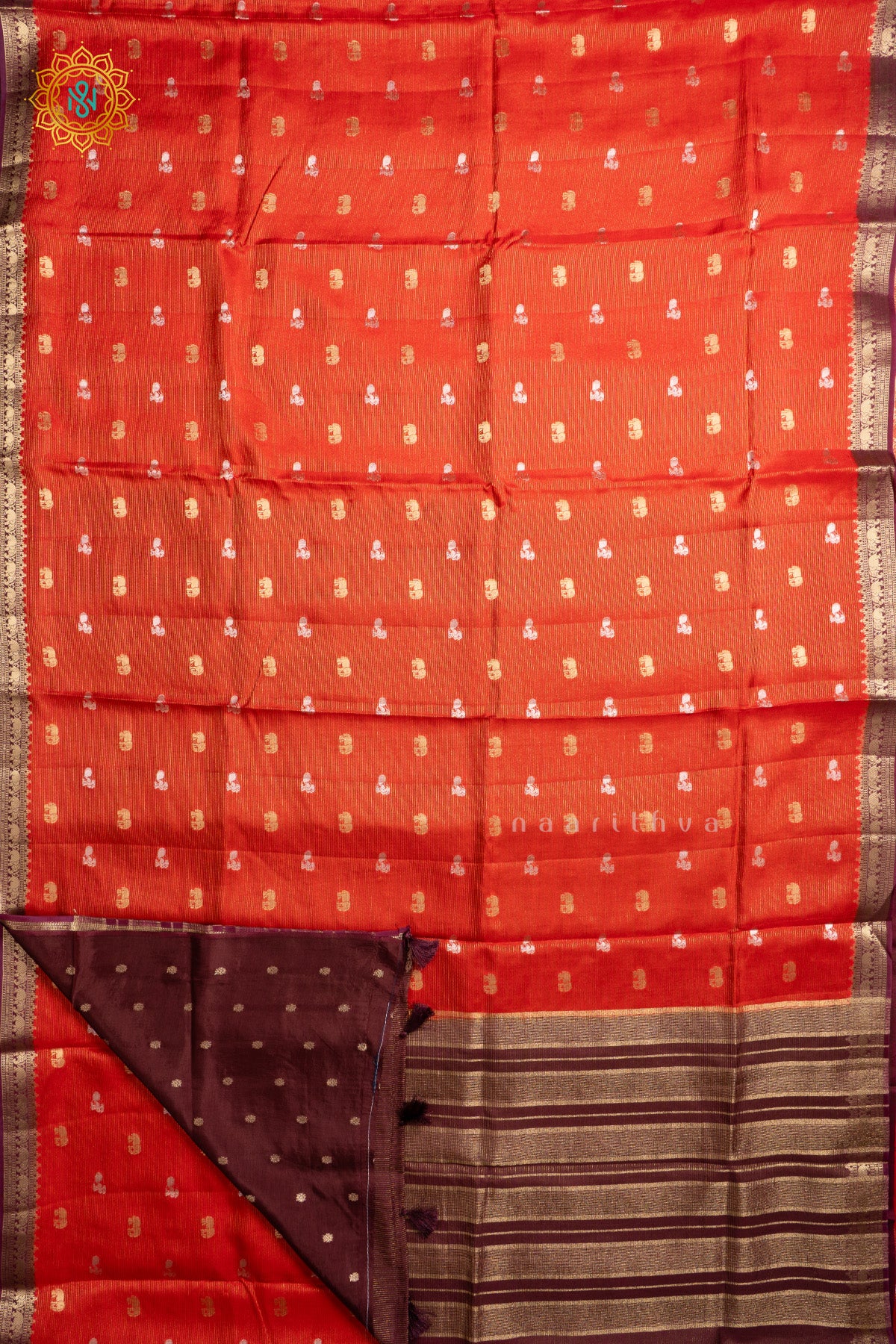 Orange With Wine Semi Crepe Silk Saree With Zari Buttas On The Body With Contrast Zari Border & Pallu