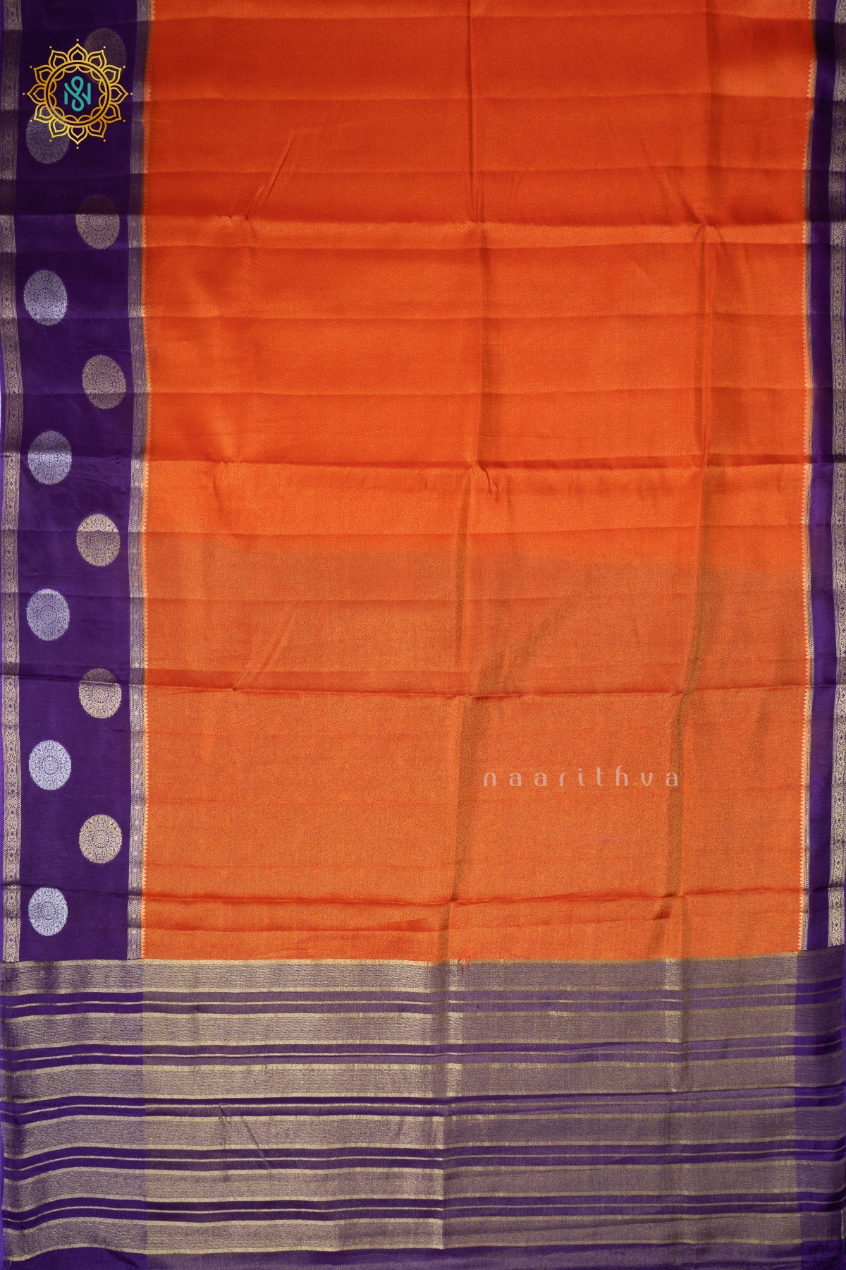 Orange with Purple Semi Crepe Silk Saree with Tissue Body and Zari Gap Border, Pallu