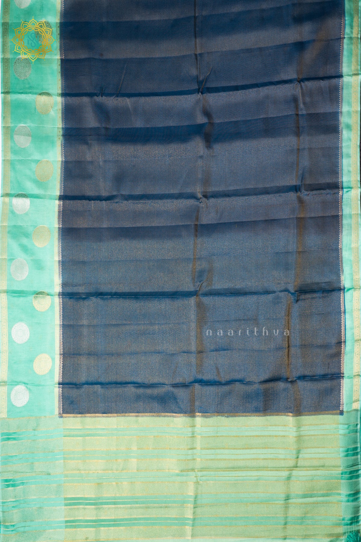 Teal Blue with Aqua Green Semi Crepe Silk Saree with Tissue Body and Zari Gap Border, Pallu