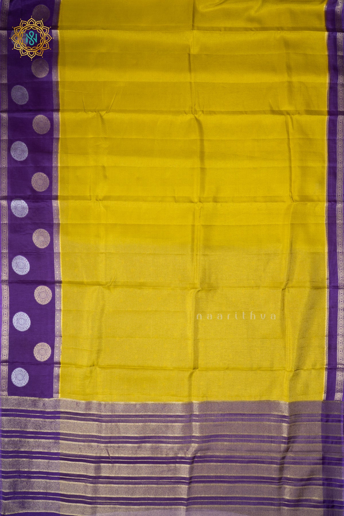 Yellow with Purple Semi Crepe Silk Saree with Tissue Body and Zari Gap Border, Pallu