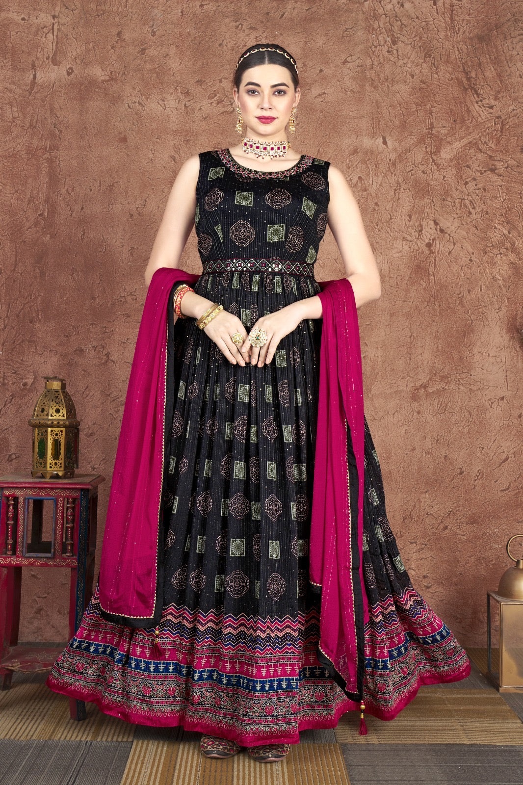 BLACK WITH PINK - PARTY WEAR GOWN WITH NECK LINE HAND WORK & DUPATTA