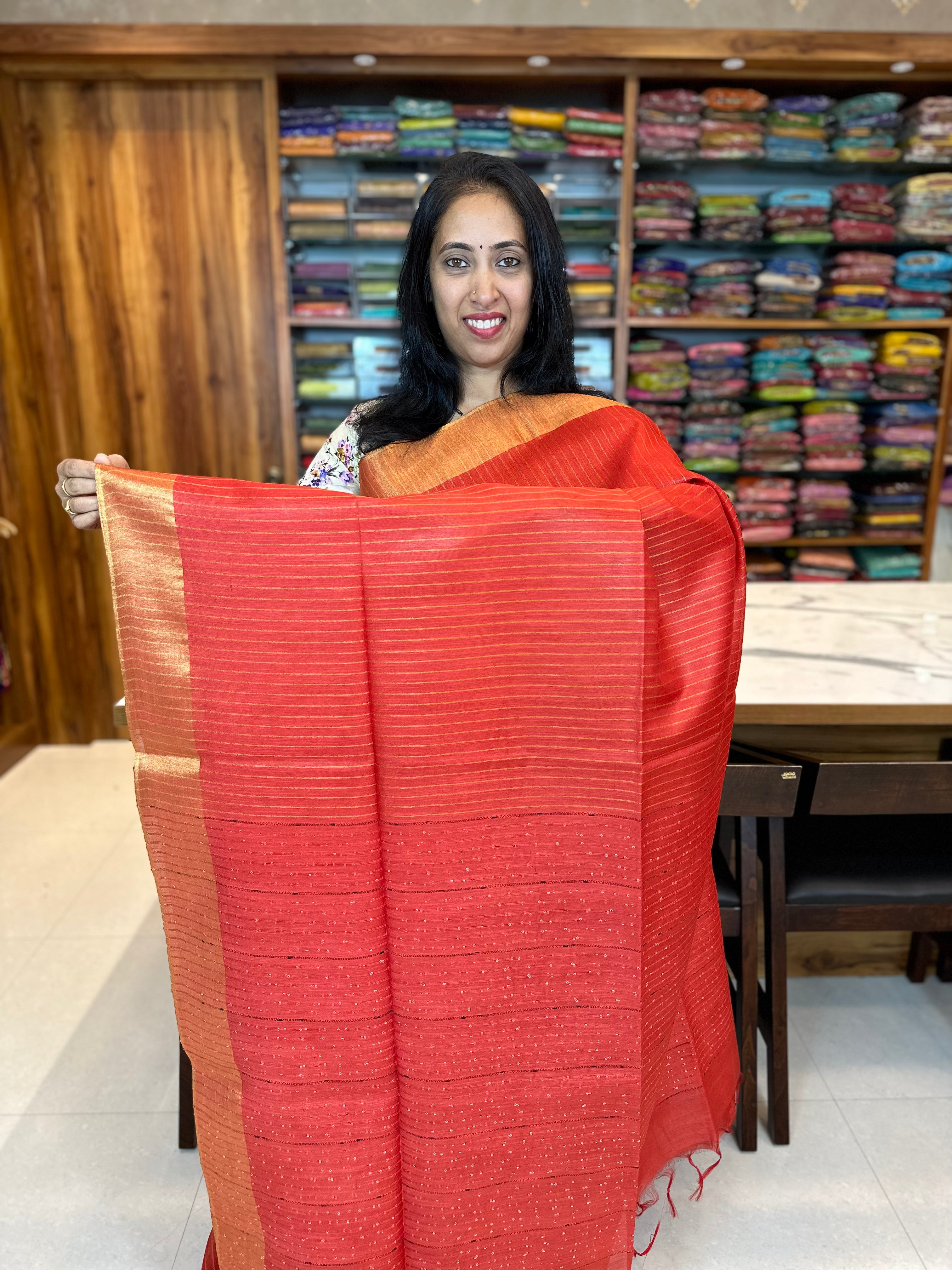 RED - SLUB COTTON WITH ZARI STRIPES WITH SEQUENCE PALLU