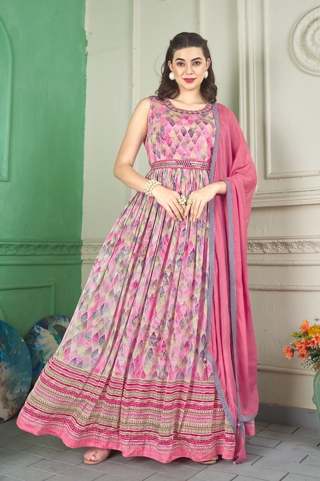 PINK - PARTY WEAR GOWN WITH NECK LINE HAND WORK & DUPATTA