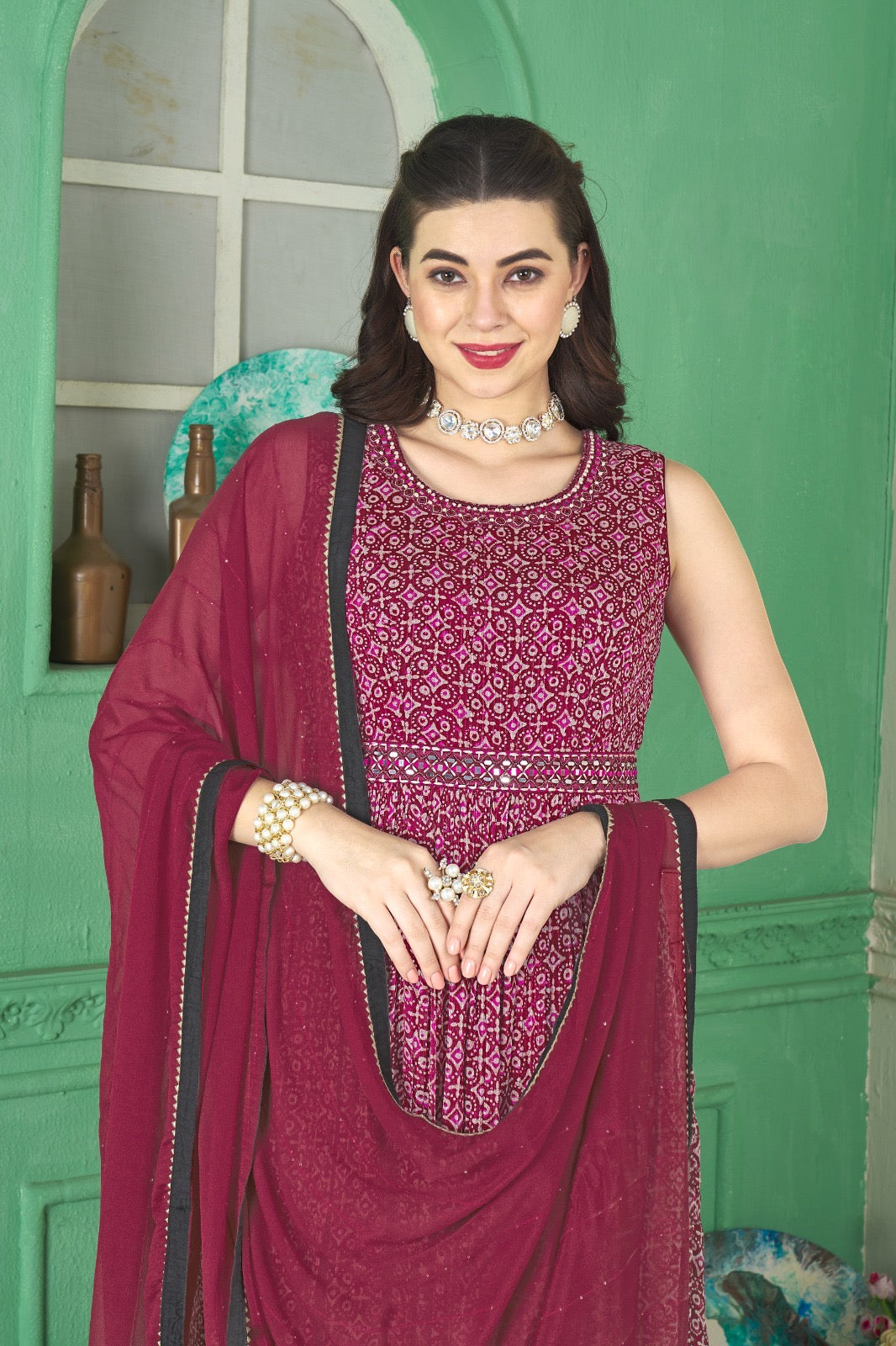 MAROON - PARTY WEAR GOWN WITH NECK LINE HAND WORK & DUPATTA