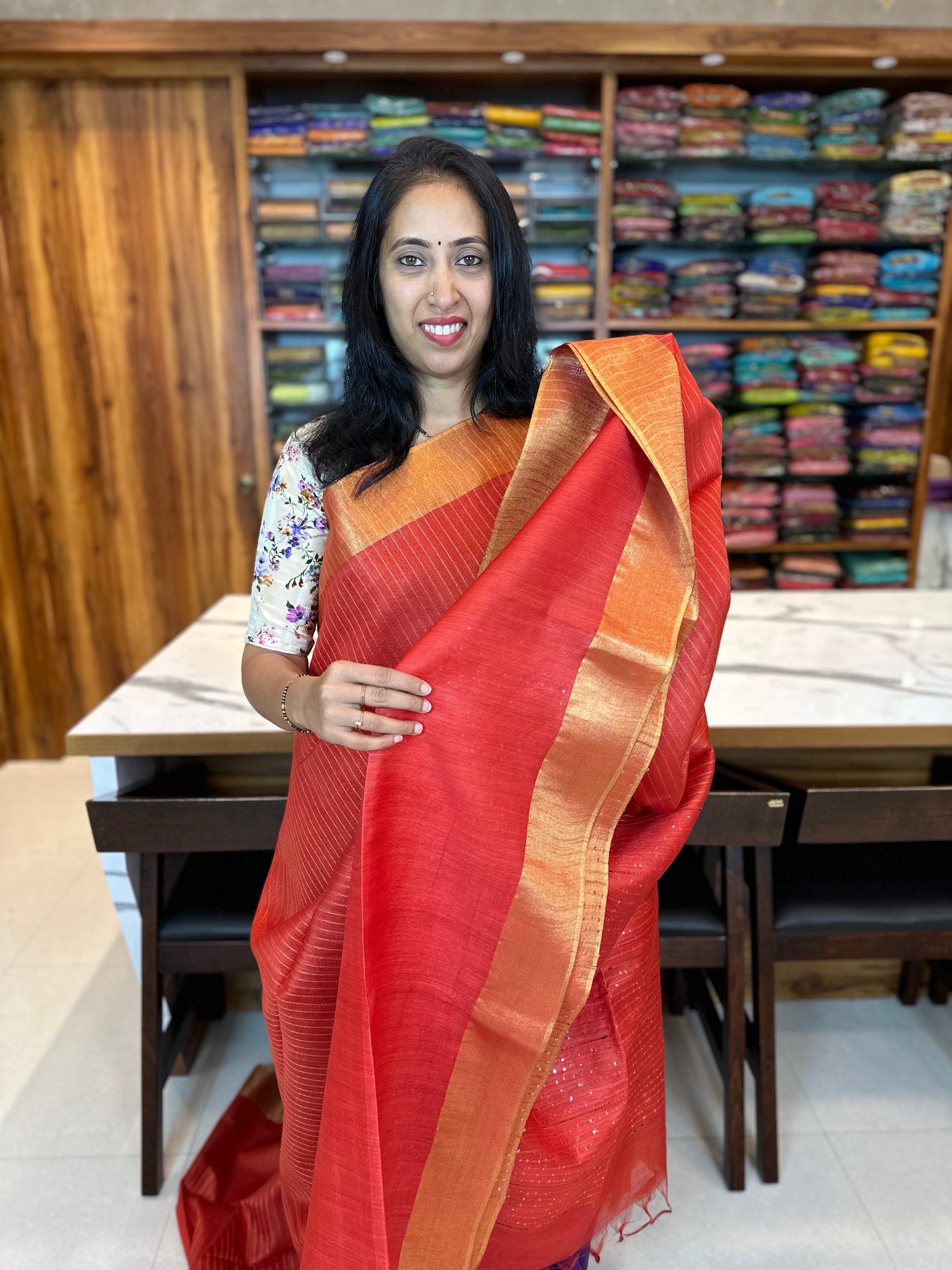 RED - SLUB COTTON WITH ZARI STRIPES WITH SEQUENCE PALLU