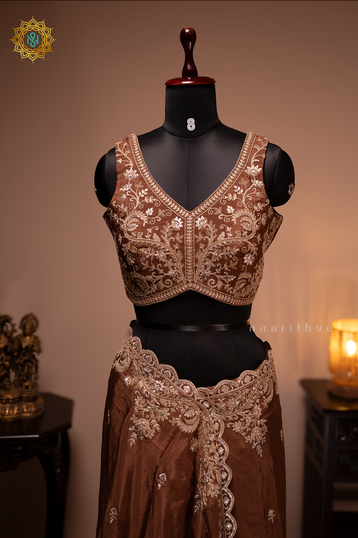 BROWN - CHINNON DESIGNER WEAR WITH READYMADE BLOUSE