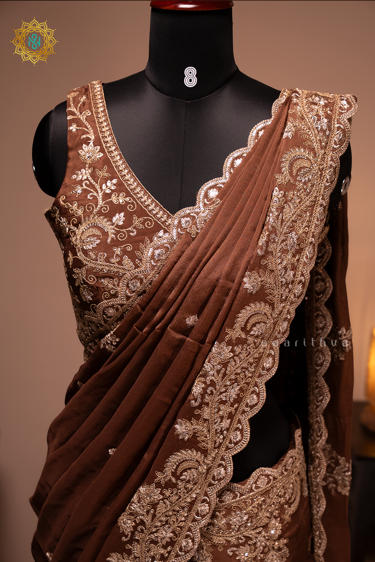 BROWN - CHINNON DESIGNER WEAR WITH READYMADE BLOUSE