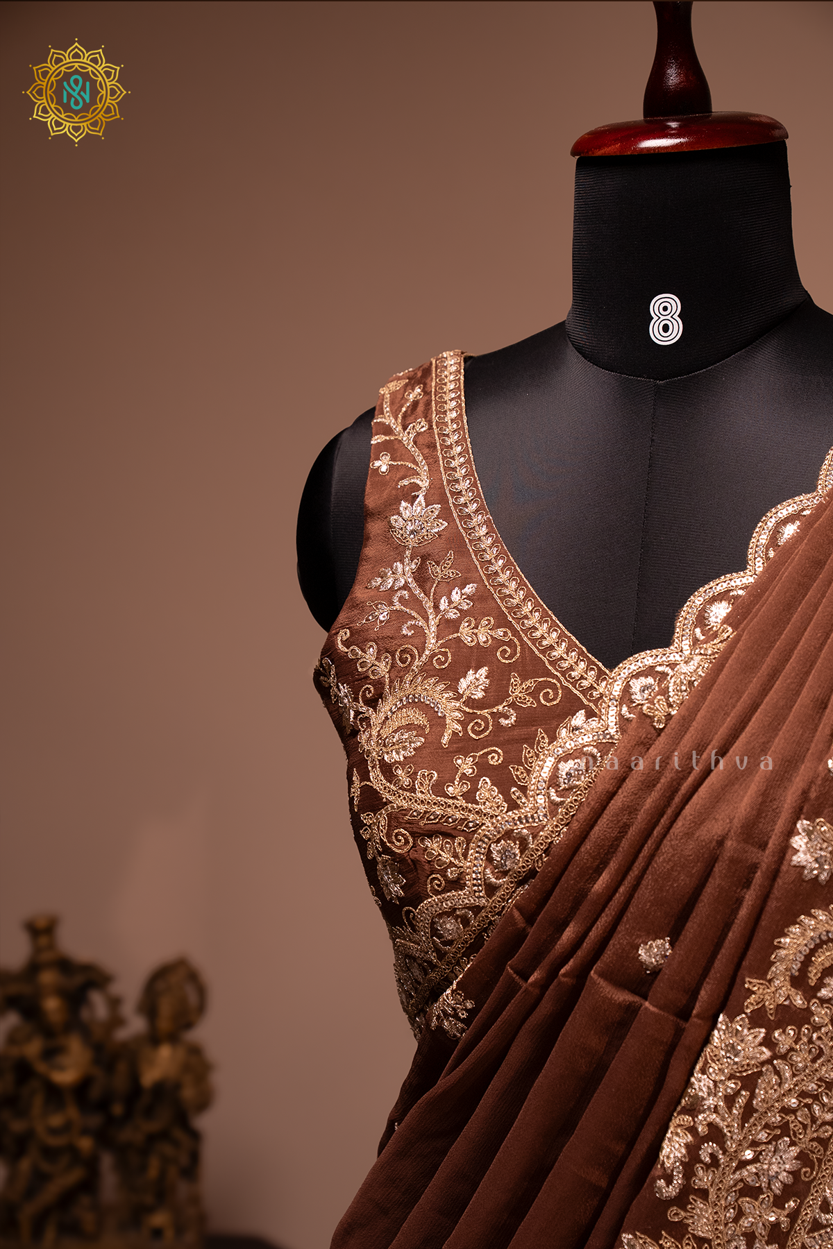 BROWN - CHINNON DESIGNER WEAR WITH READYMADE BLOUSE
