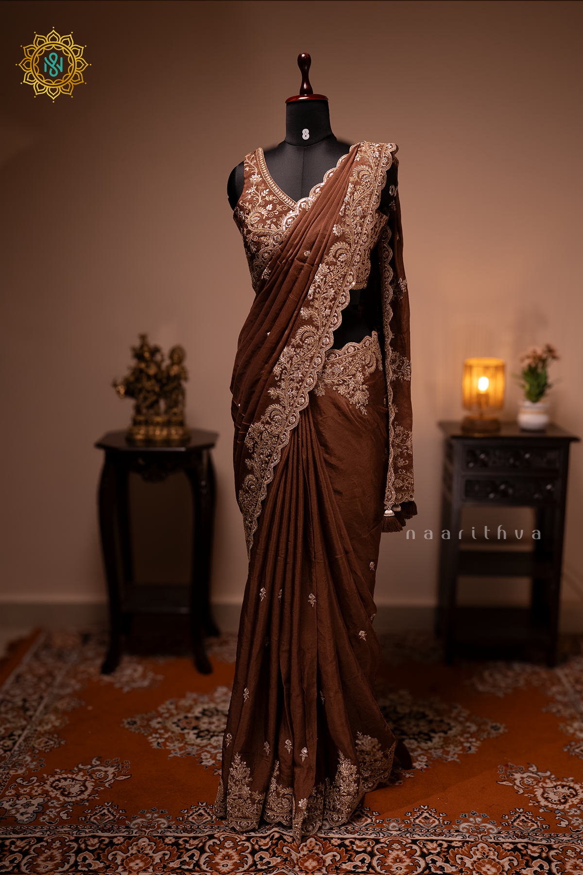 BROWN - CHINNON DESIGNER WEAR WITH READYMADE BLOUSE