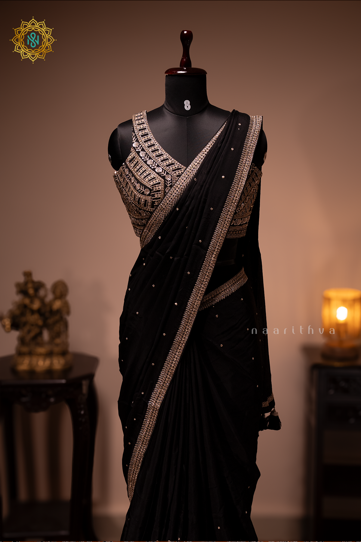 BLACK - CHINNON DESIGNER WEAR WITH READYMADE BLOUSE