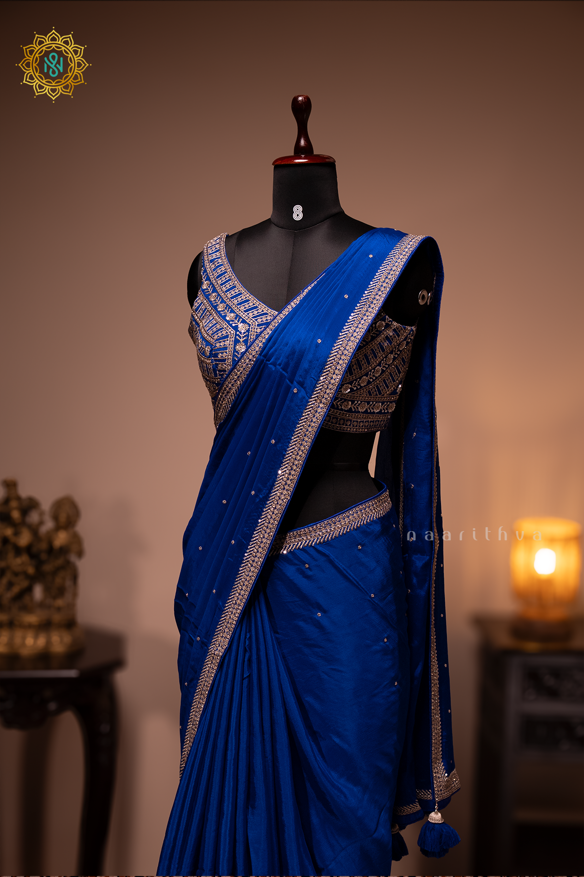 ROYAL BLUE - CHINNON DESIGNER WEAR WITH READYMADE BLOUSE