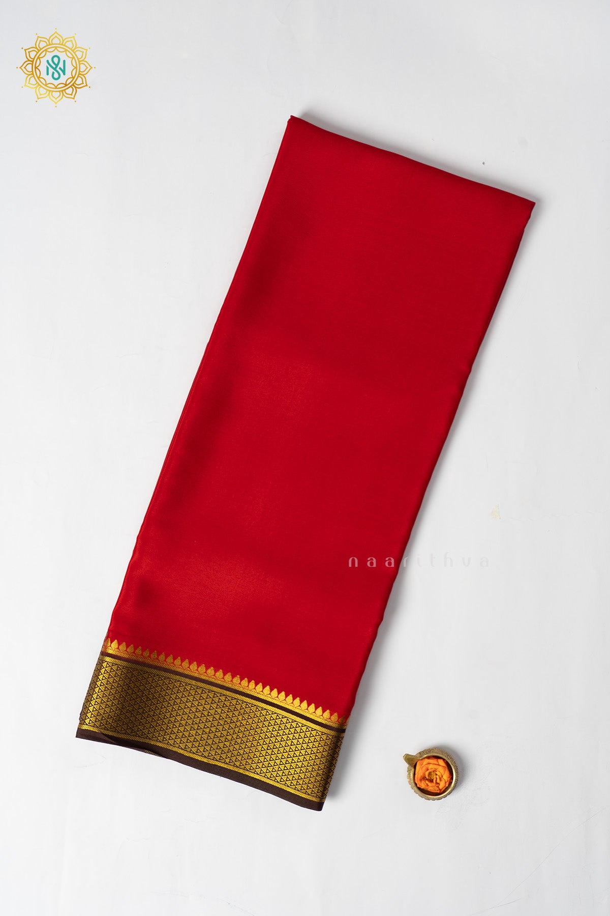 Red with Brown Pure Mysore Crepe Silk Saree with Plain Body and Contrast Zari Woven Border