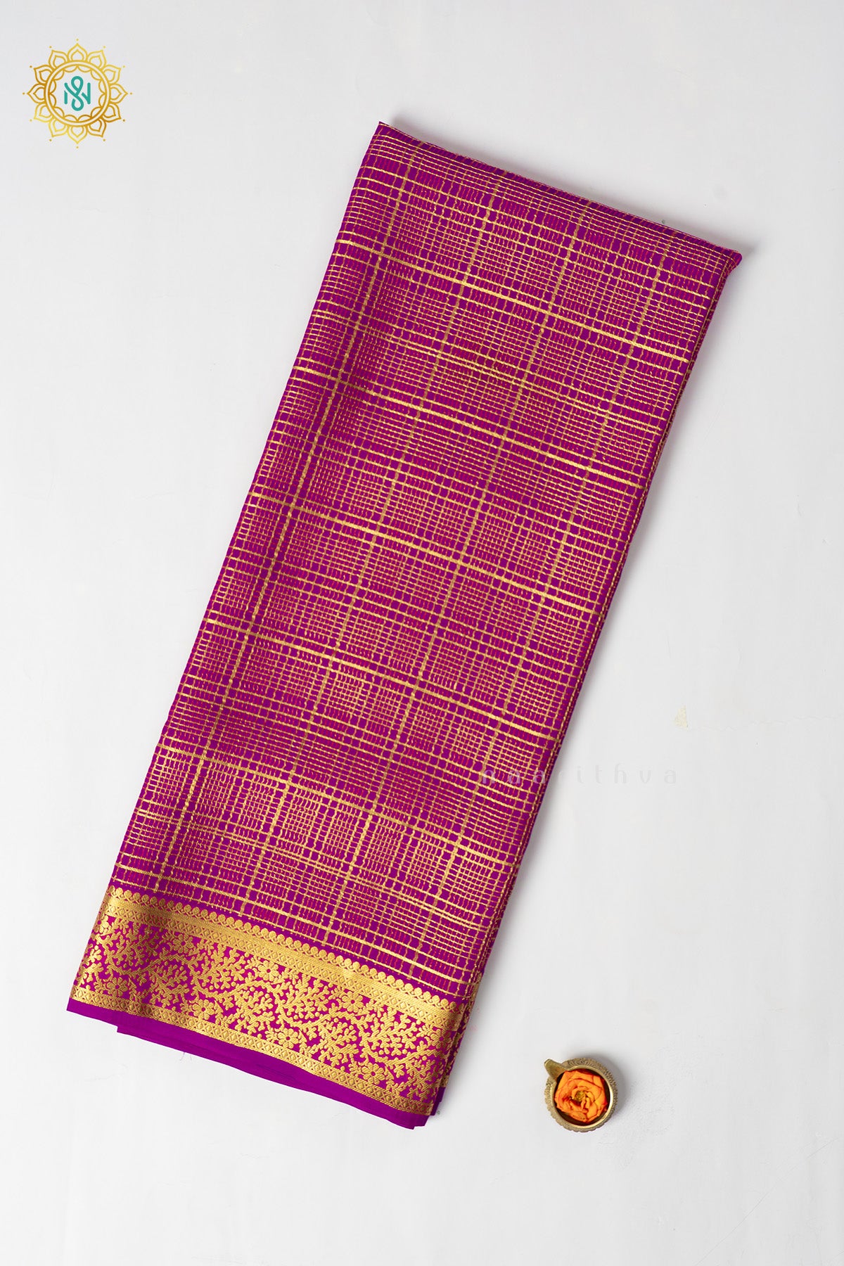 Magenta Pure Mysore Crepe Silk Saree with Checks Body & Zari Border