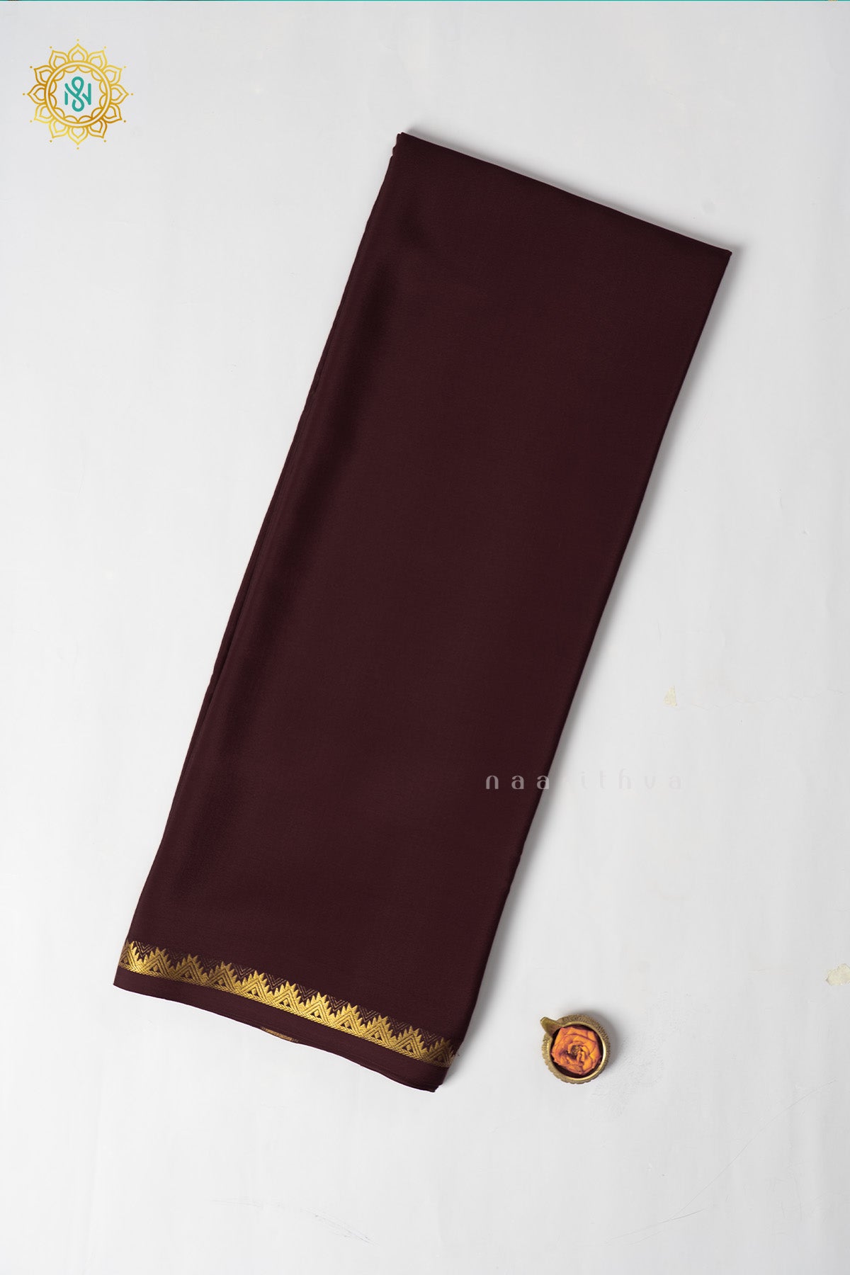Brown Pure Mysore Crepe Silk Plain Body and Zari Woven Butta Border