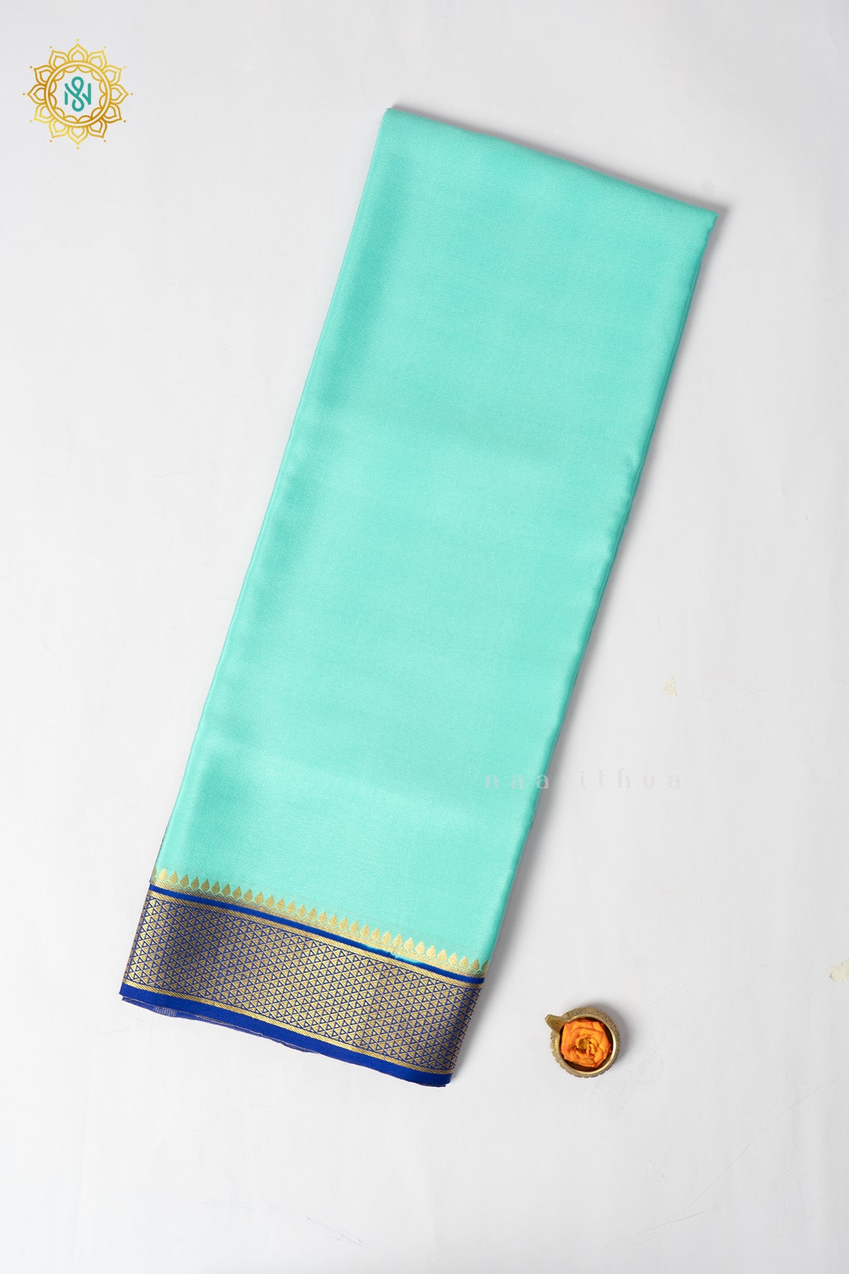 Aqua Blue with Royal Blue Pure Mysore Crepe Silk Saree with Plain Body and Contrast Zari Woven Border