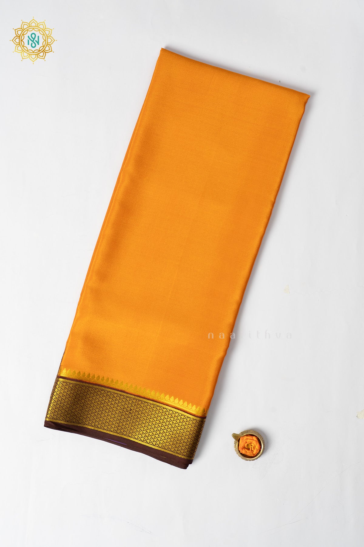 Burnt Orange with Brown Pure Mysore Crepe Silk Saree with Plain Body and Contrast Zari Woven Border