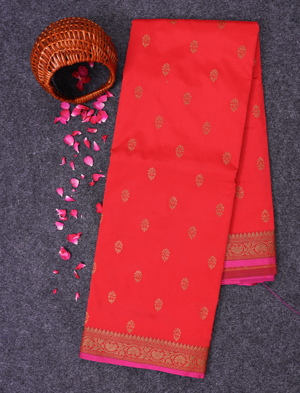 RED WITH PINK - SEMI SILK SAREE WITH ZARI WOVEN BUTTAS & CONTRAST PIPING BORDER