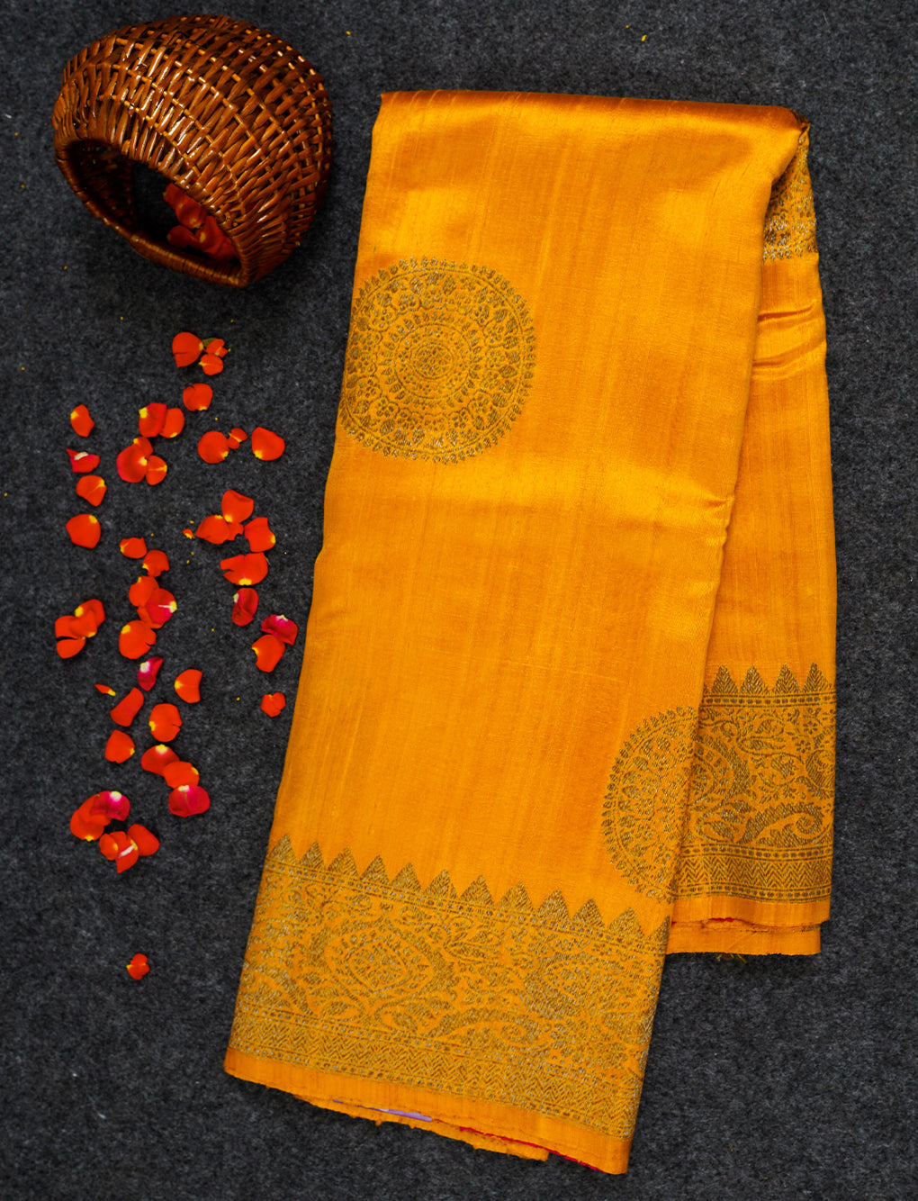 MUSTARD - PURE RAW SILK WITH ANTIQUE ZARI WEAVING & CONTRAST BLOUSE