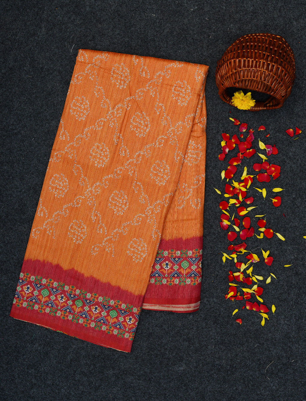 YELLOW WITH RED - SEMI GICHA TUSSAR WITH ALLOVER PRINTS