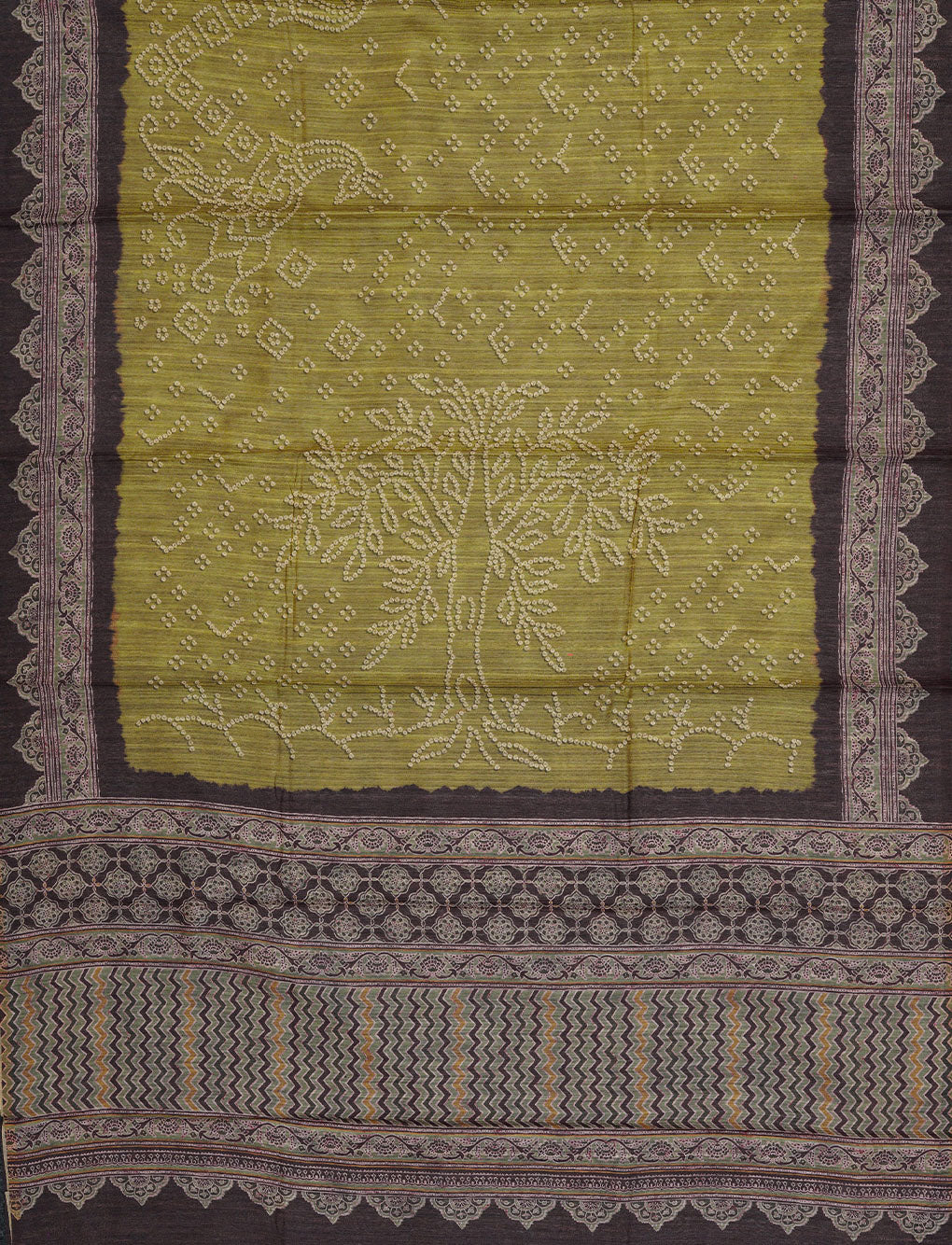 GREEN WITH BROWN - SEMI GICHA TUSSAR WITH ALLOVER PRINTS