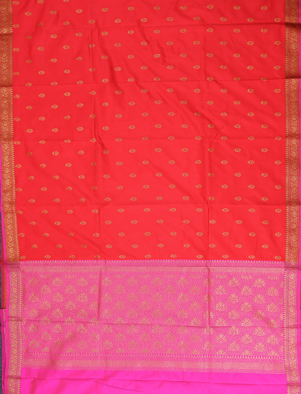 RED WITH PINK - SEMI SILK SAREE WITH ZARI WOVEN BUTTAS & CONTRAST PIPING BORDER