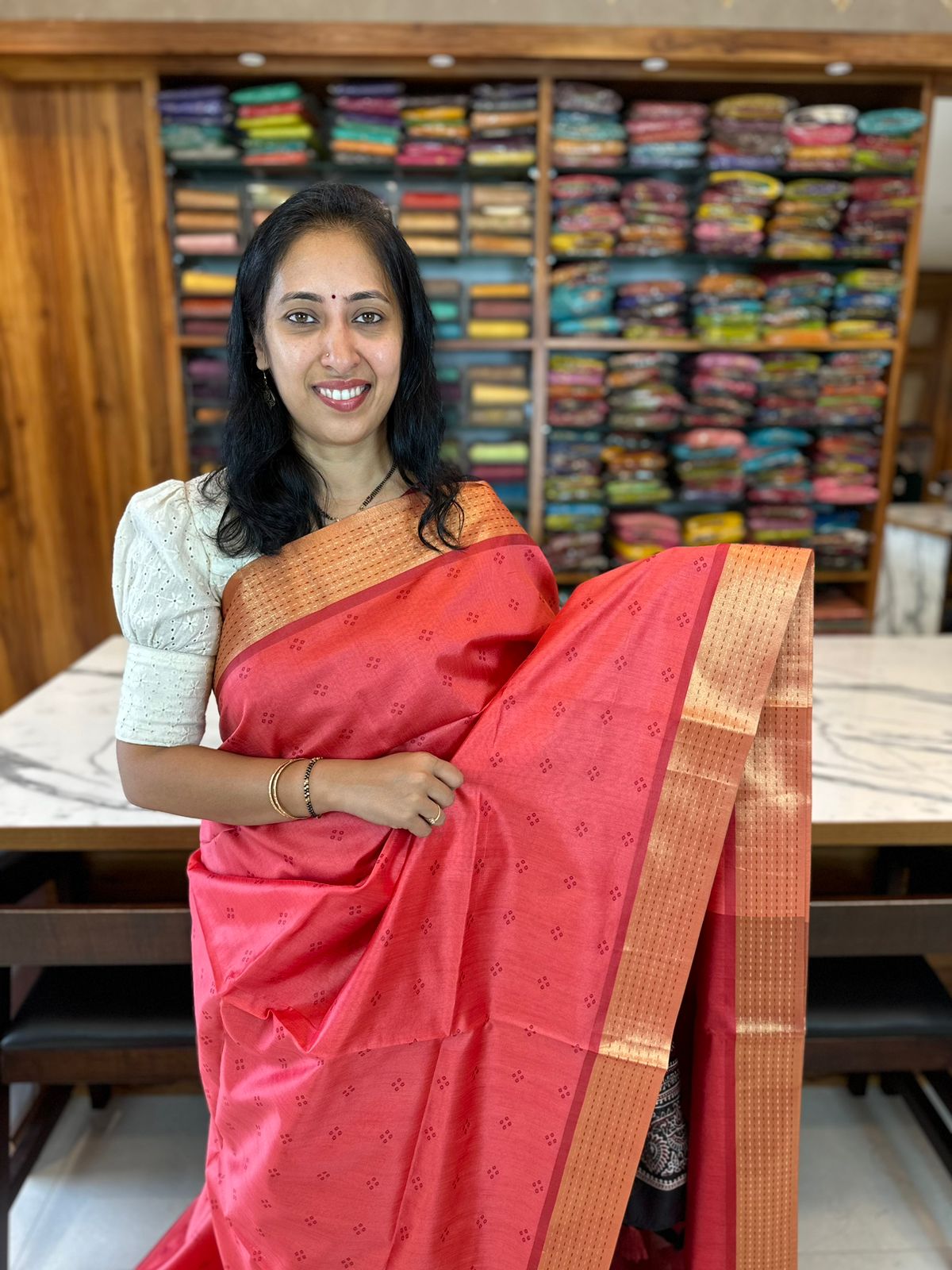 Peach with Blue Mysore Crepe Silk Saree | Avishya.com