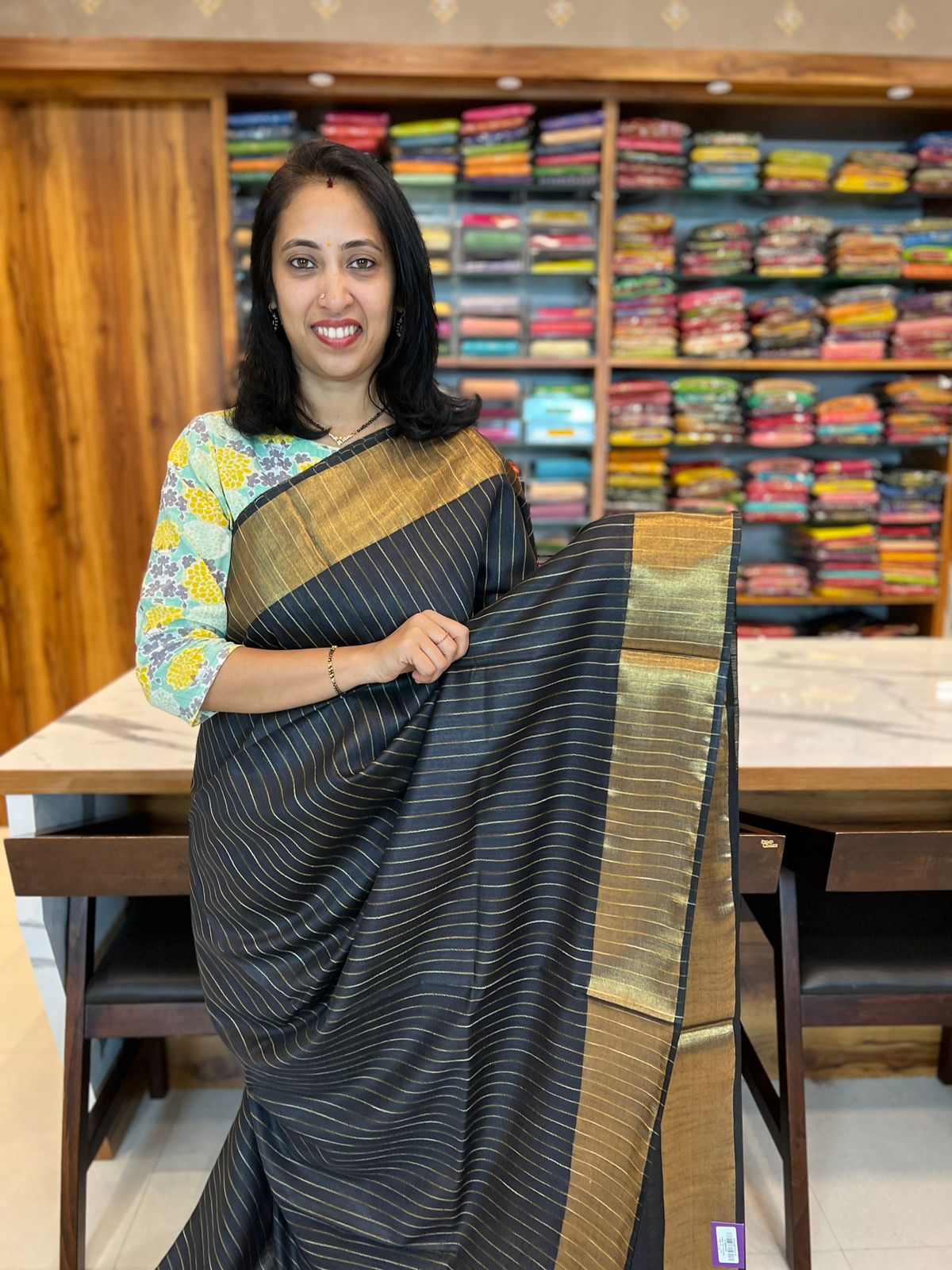 BLACK - SLUB COTTON WITH THREAD STRIPES WITH SEQUENCE PALLU